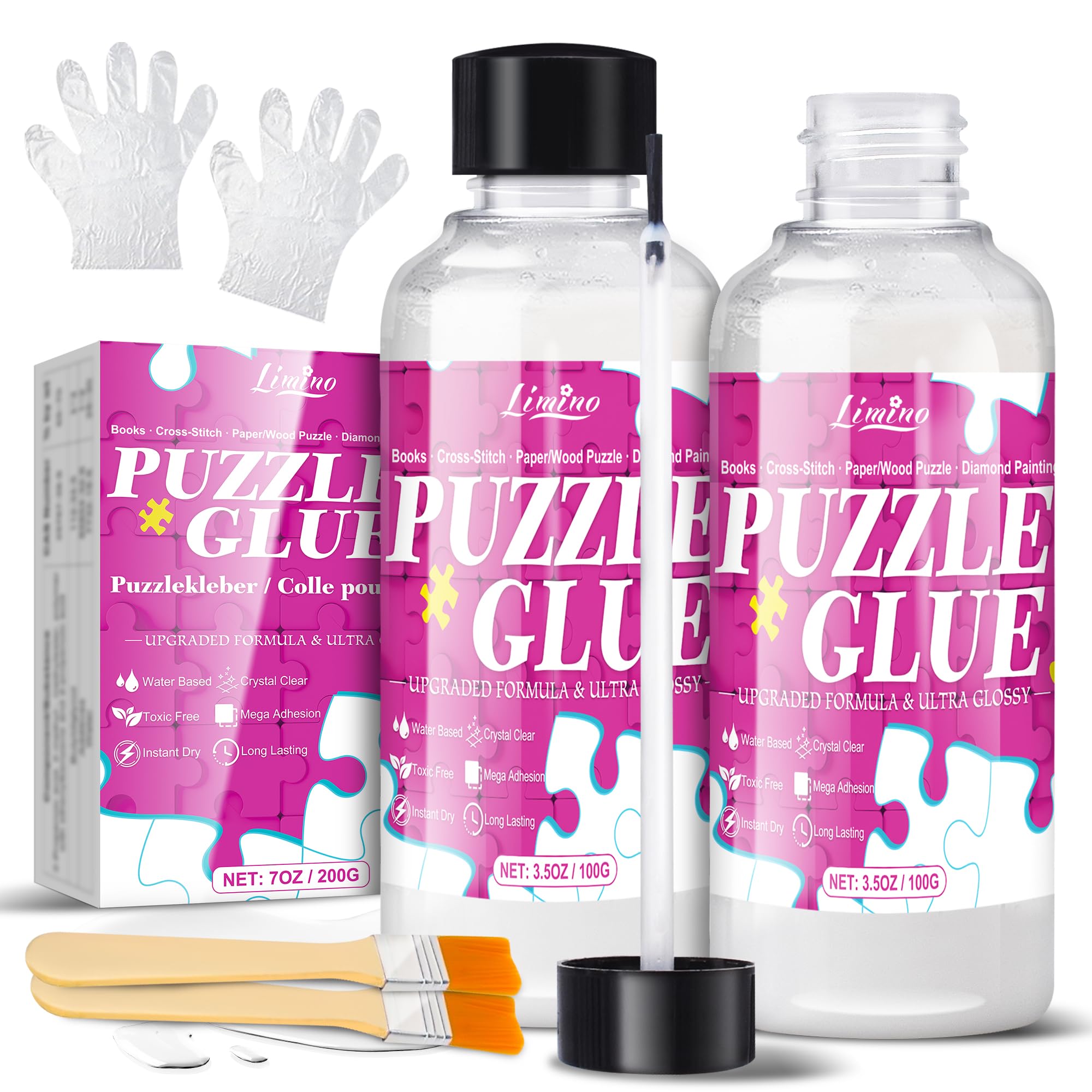 Limino Klej do puzzli z aplikatorem – przezroczysty zestaw kleju do puzzli z 2 pędzlami, nietoksyczny, szybkoschnący, trwały, przezroczysty uszczelniacz do różnych puzzli, do 5000 elementów