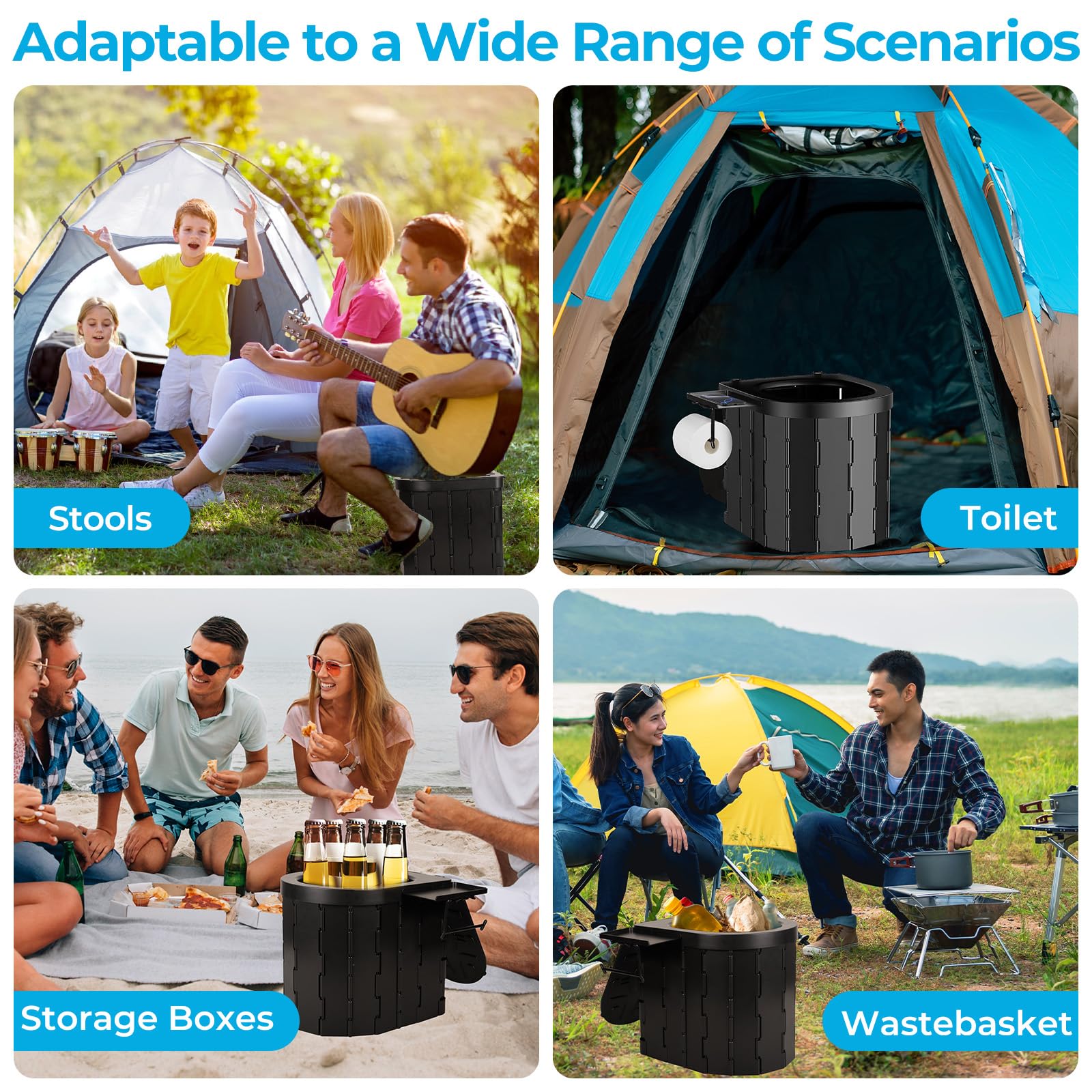 WC Portatil Inodoro Portatil Baño con Portarrollos de Papel y Bandeja Bater Portatil Adultos con 2 Rollos Bolsas de Basura y Funda Soporta Hasta 150 kg para Camping,Atascos de Tráfico