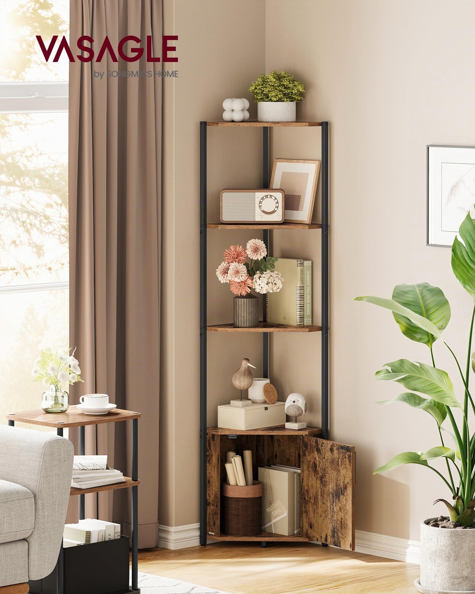 VASAGLE Scaffale Angolare con Contenitore, Libreria Angolare con 5 Ripiani, Mensola Angolare, per Soggiorno, Camera da Letto, Cucina, Bagno, Marrone Vintage e Nero Inchiostro LBC580K01