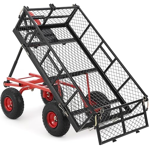 880Lbs Steel Garden Dump Cart Utility Wagon, Heavy Duty Yard Dump Wagon Cart with Removable Sides, Pullable Handle, Utility Liner, 10in All Terrain Wheels