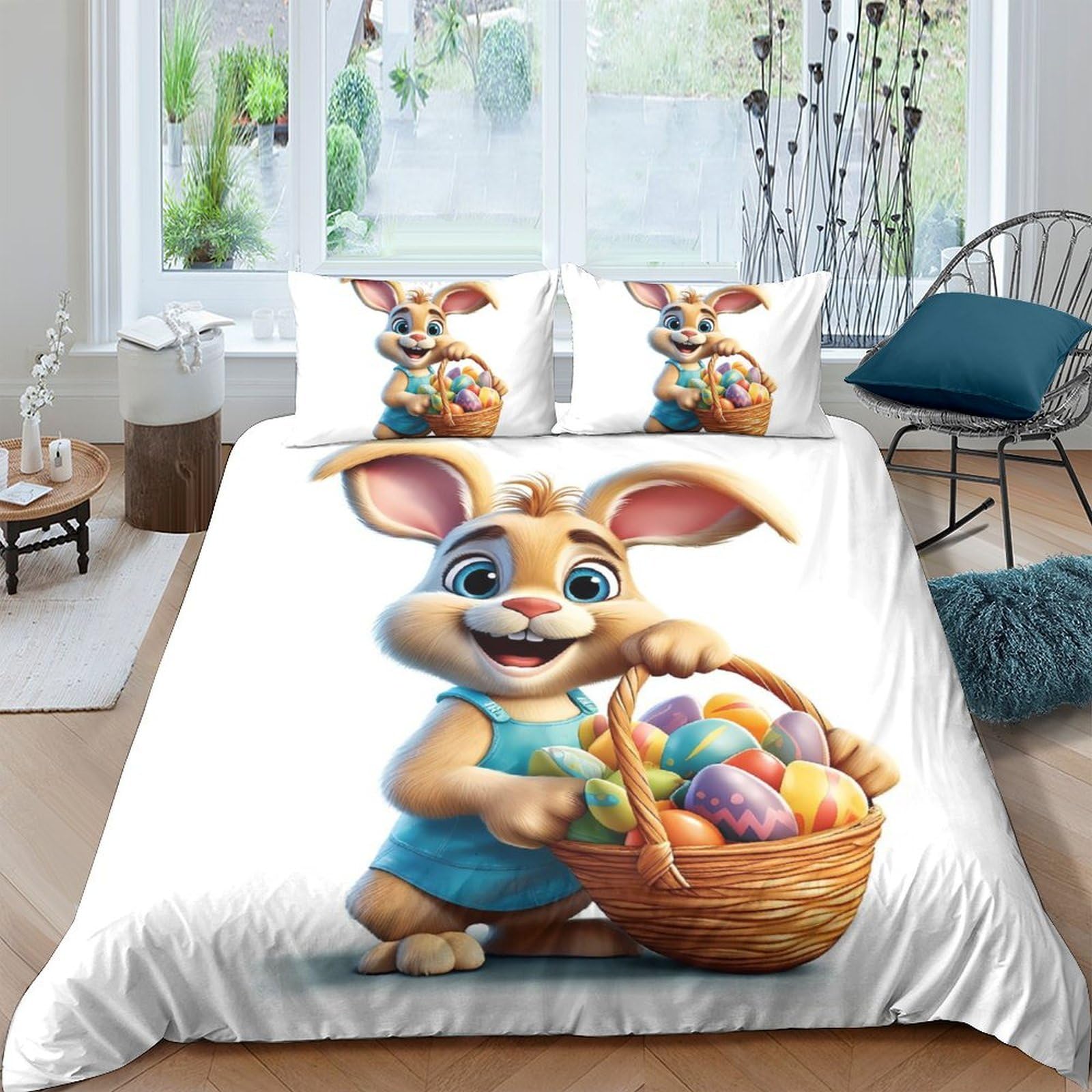 Ctjqhvkz Style-4 3D Printed Easter Bunny Fitted Sheet Microfiber Soft Cartoon Egg Basket Mattress Cover For Bedroom Dorm Decorative Single（135X200cm）