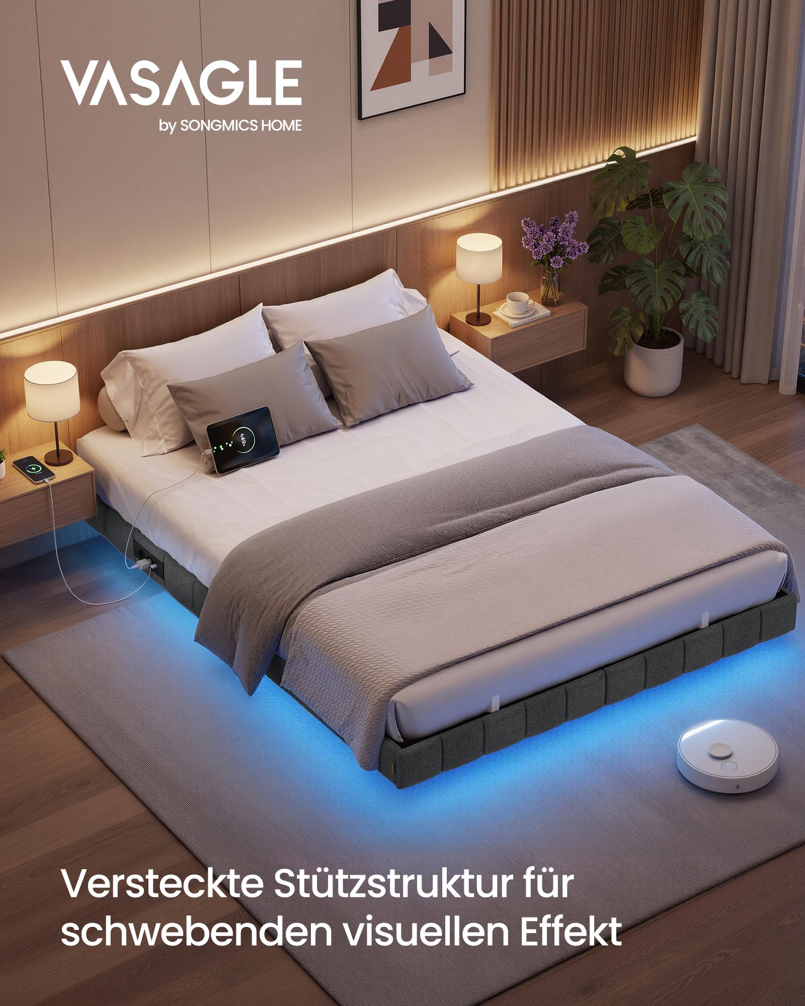 VASAGLE Bettgestell 140 x 200 cm, schwebender Effekt, LED-Beleuchtung, gepolsterte Seitenwände, 2 AC-Steckdosen, 2 USB-A-Anschlüsse, 1 USB-C-Anschluss, bis 500 kg belastbar, schiefergrau RMB164G101