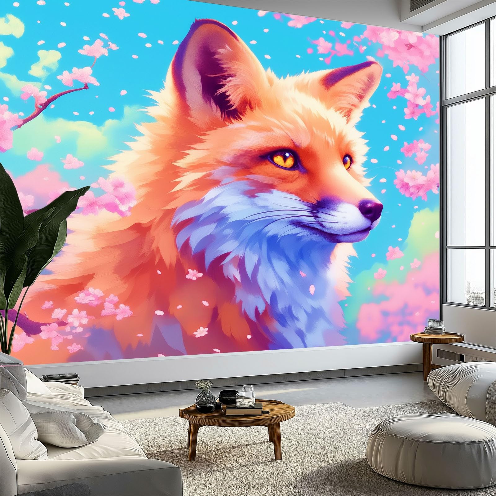 Papier Peint Panoramique Renard Décoration Murale Dessin Animé Poster Géant Bleu 250x175