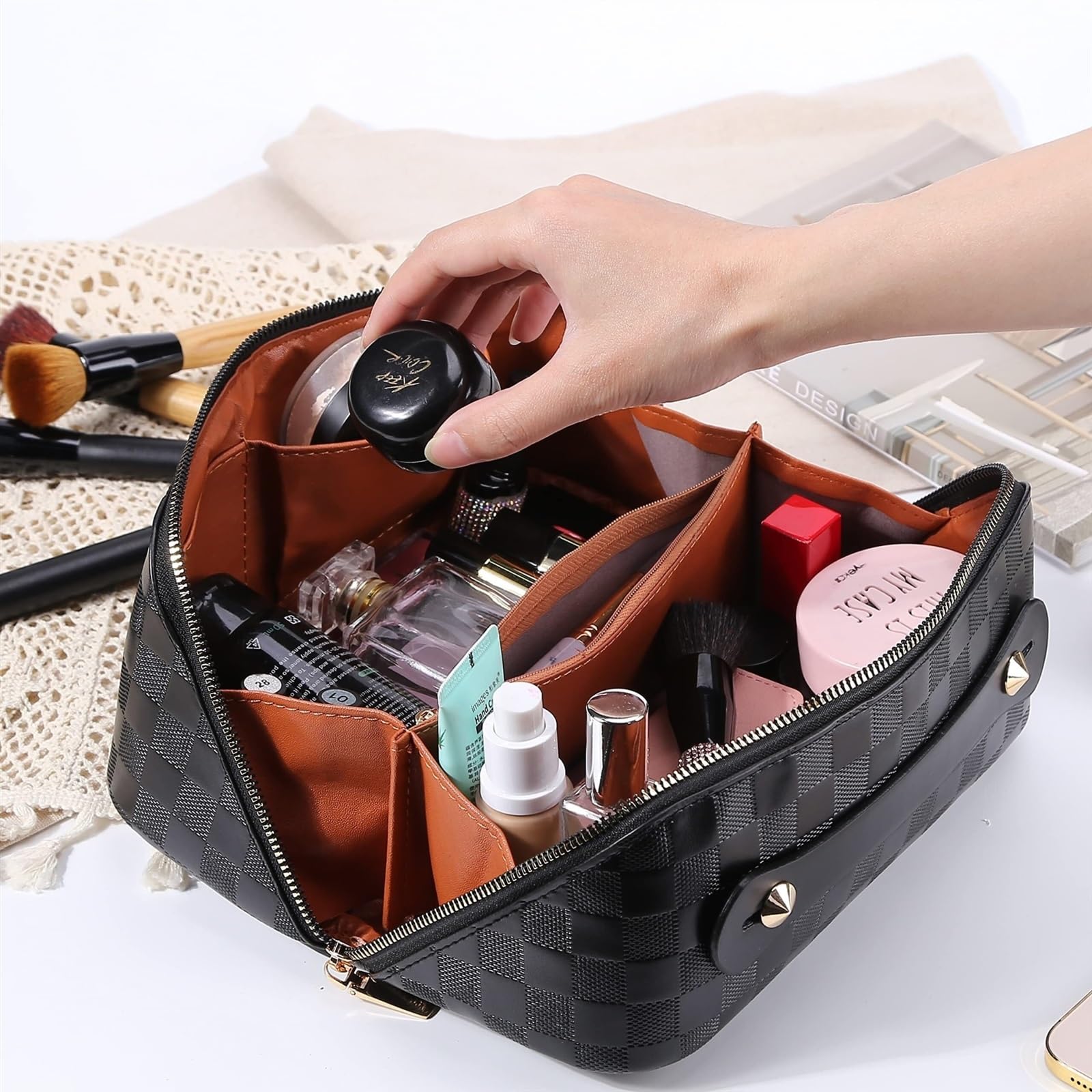 Porta Trucchi Pochette Trucchi Borsa For Cosmetici Da Viaggio Borsa For Trucchi Scozzese A Quadretti Borsa Portatile In Pelle Con Manico E Scomparti Trousse Trucchi Donna(Black)