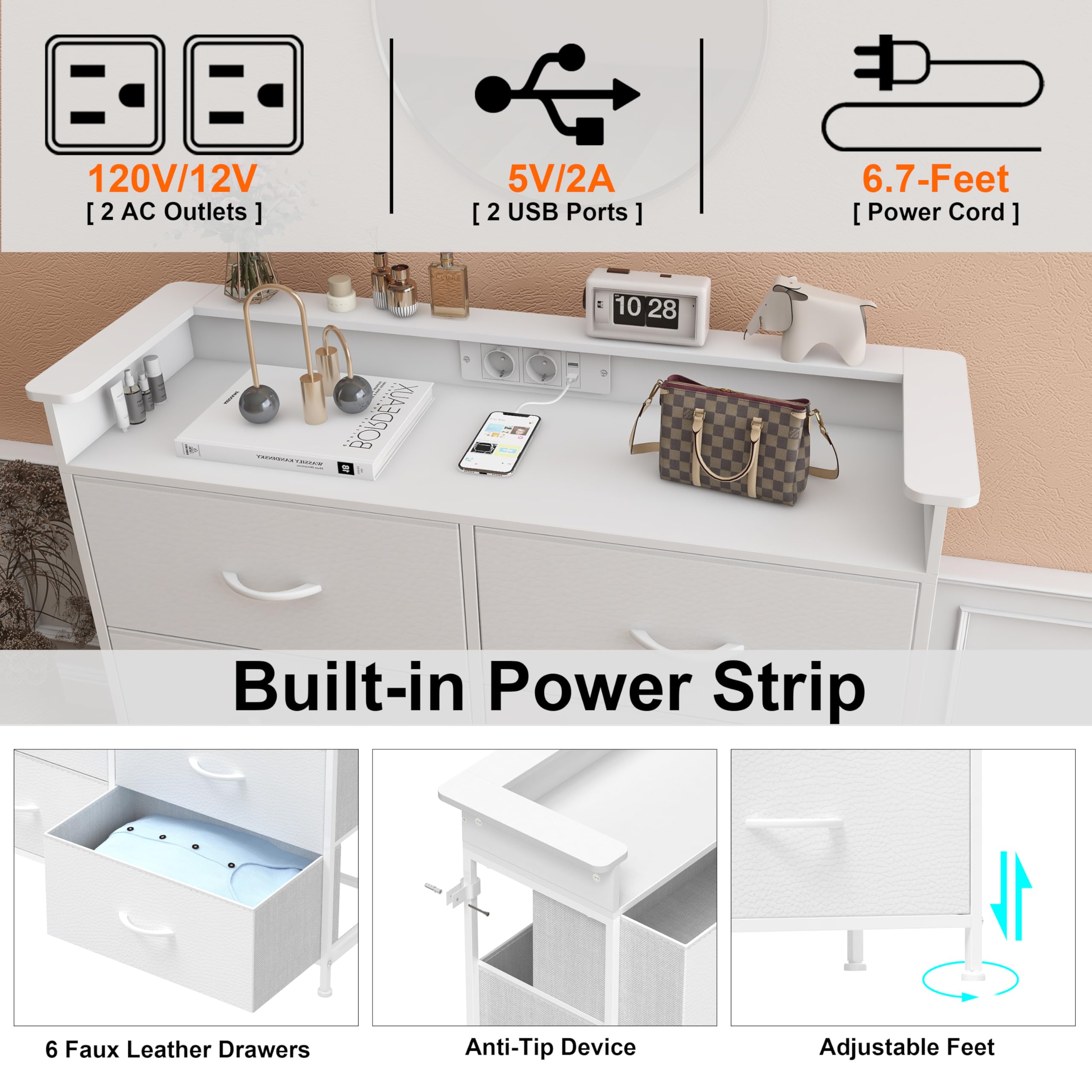 VEDECASA Cassettiera con 6 cassetti e illuminazione a LED, cassettiera con 2 porte USB e 2 prese AC, torre portaoggetti con armadio per camera da letto, soggiorno e corridoio, telaio in metallo
