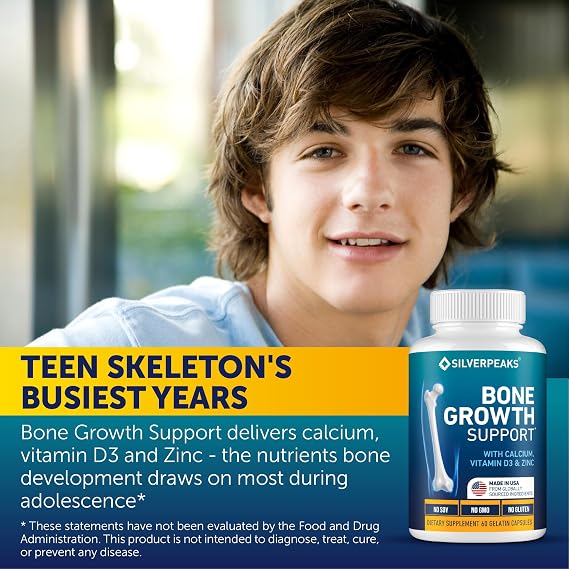 Bone & Natural Growth Support for Kids & Teens - Calcium, Zinc, D3 - 60 pcs