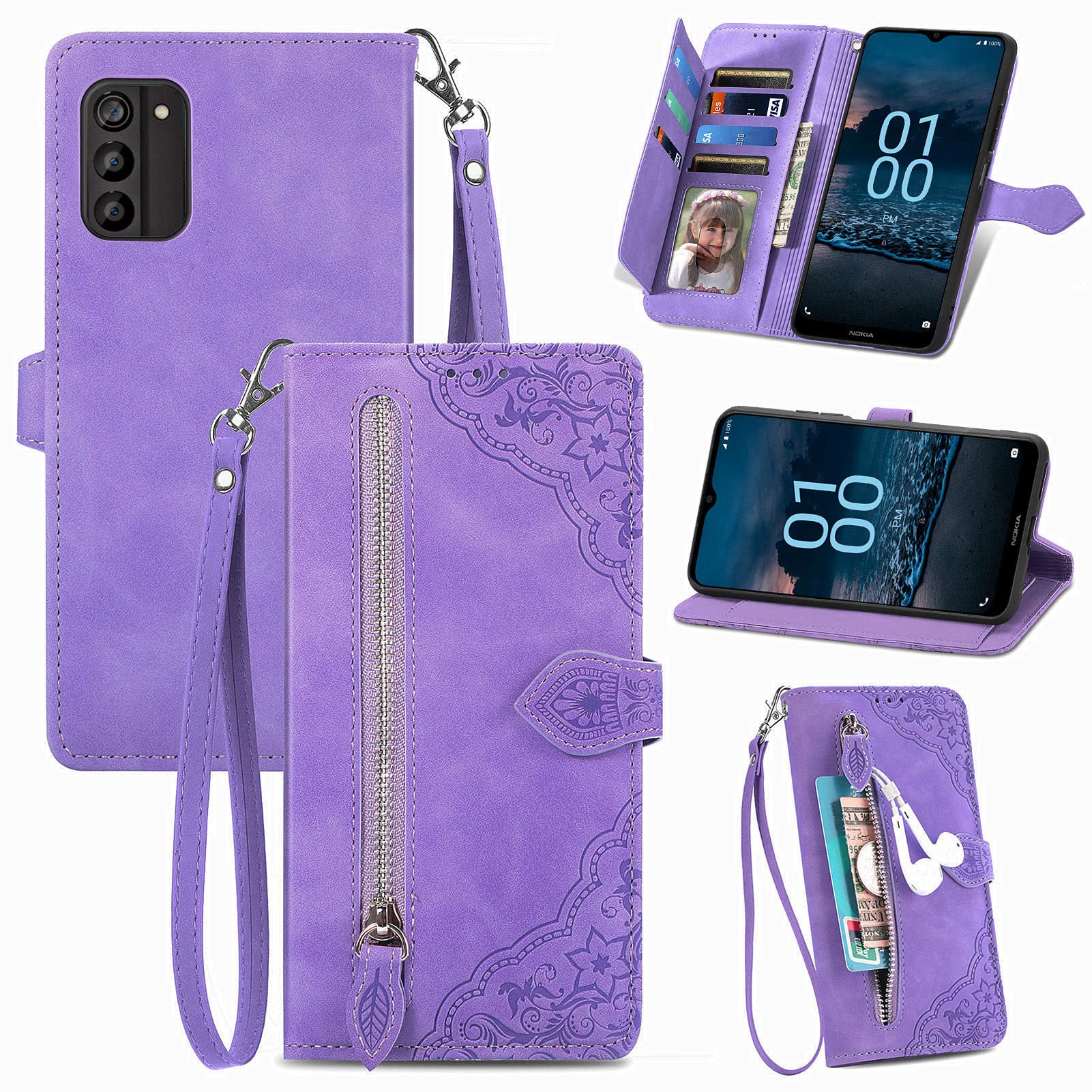 Monwutong Zipper Storage Design Wallet Phone Case for Nokia G100, Skin Friendly Feel Leather Case with Magnetic Clasp and Muliti-Card Slots Holster for Nokia G100,SZY Purple