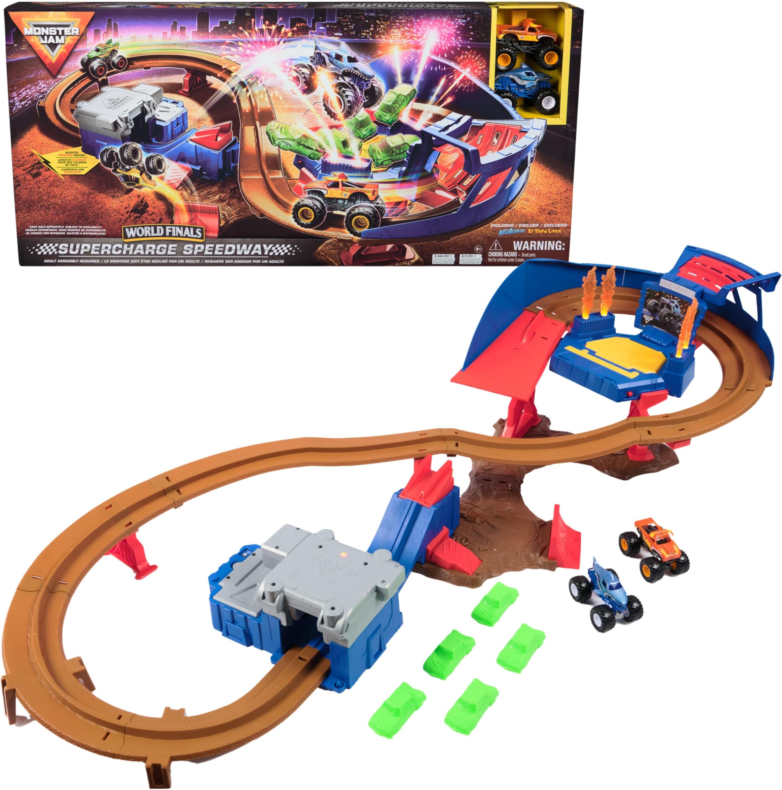 Supercharge Speedway Playset, Megalodon and El Toro Loco Die-Cast Monster Trucks, Light Up World Finals Track Kids Toys for Boys Ages 3 and Up