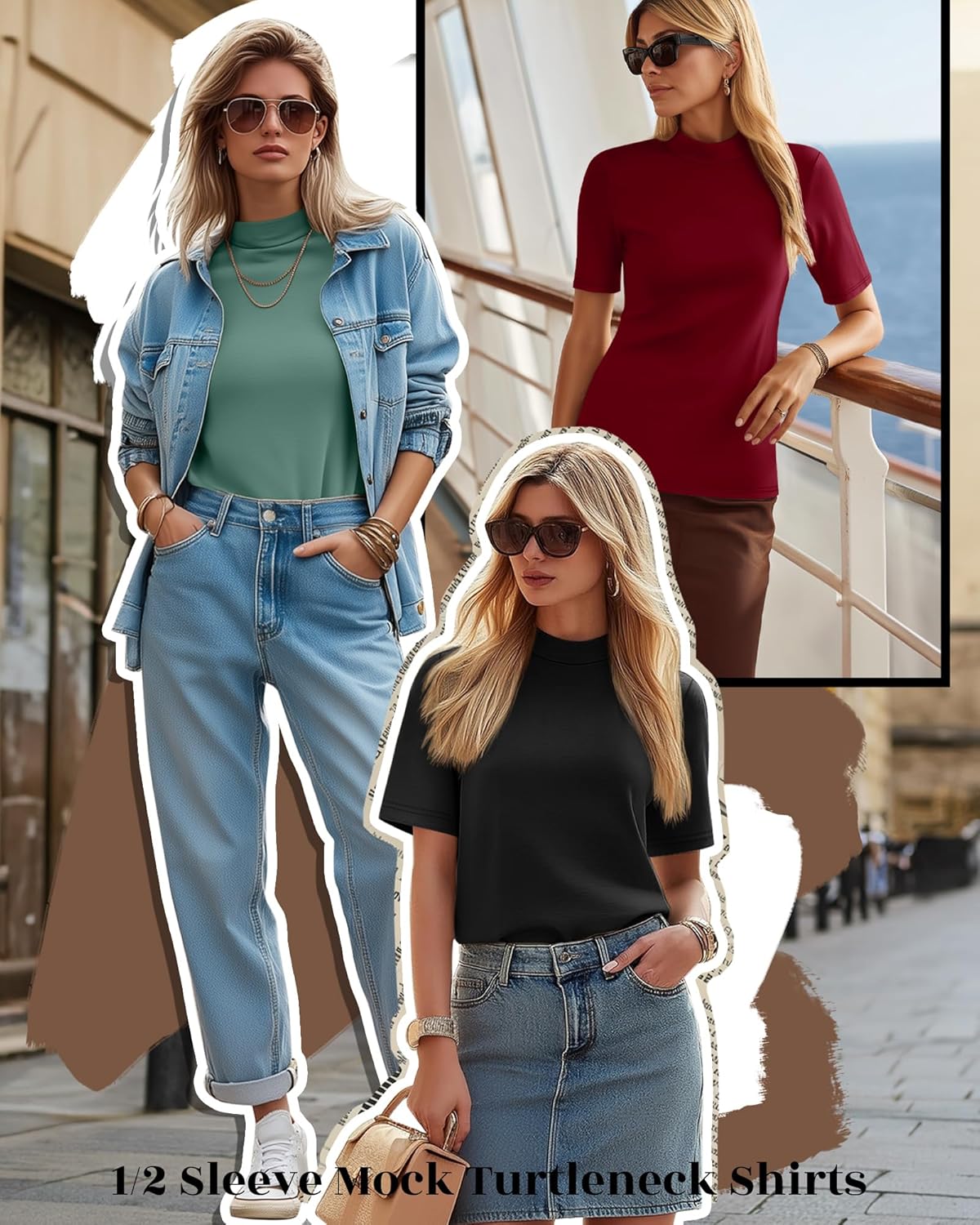 Ficerd 3 Pack Women's Mock Turtleneck T-Shirts 1/2 Half Sleeve Dressy Casual Tunic Tops Slim Fit Summer Basic Tee Shirts 2026 - Image 6