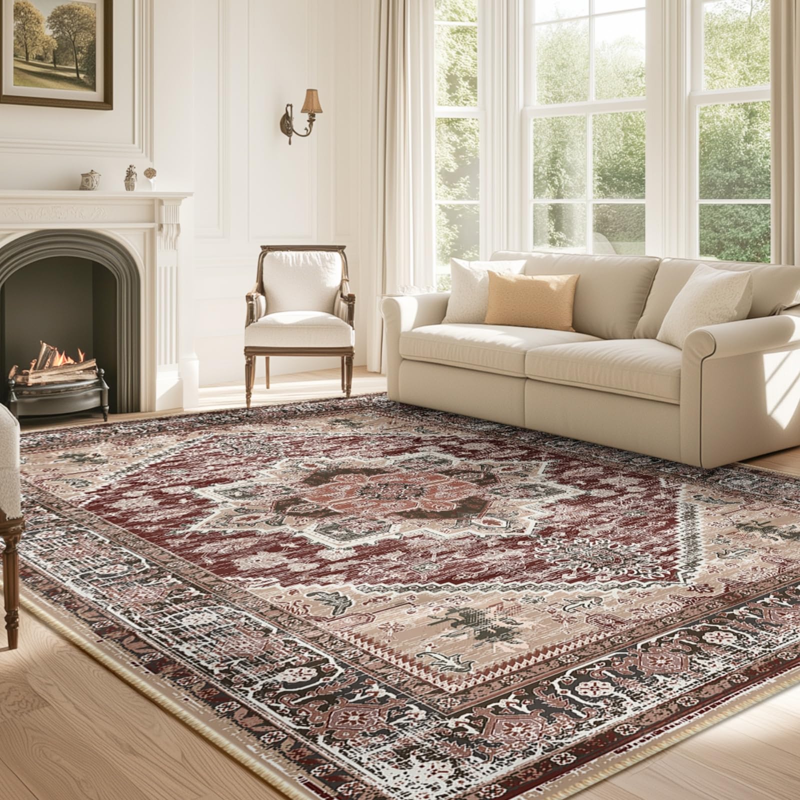 Vintage-Teppich 1,8x2,9m – Waschbar, Rutschfest & Fleckenabweisend, Niedriger Flor In Retro-Beige Für Wohnzimmer, Schlafzimmer & Mehr