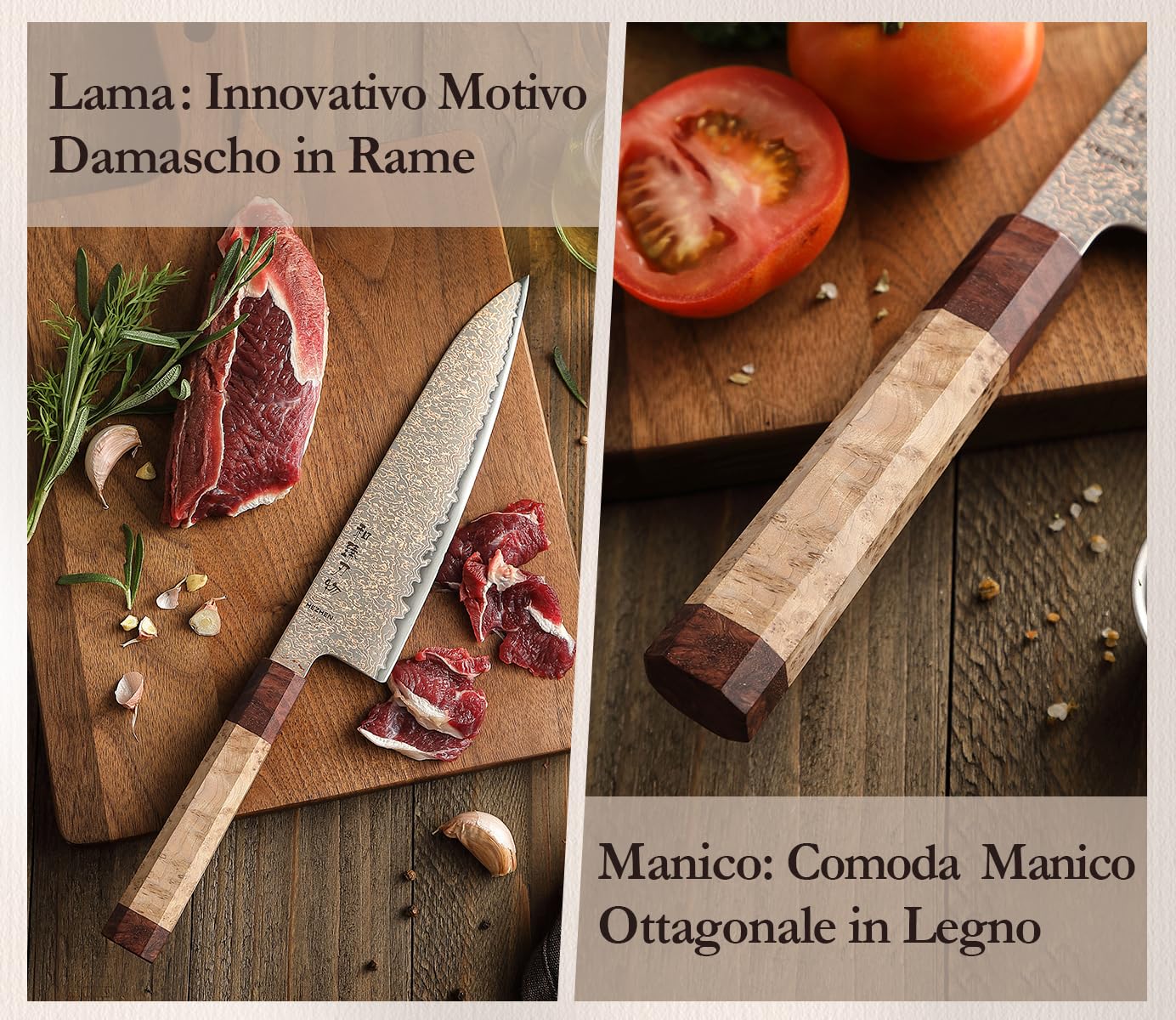 HEZHEN Coltello da Chef in Acciaio Damascato Rame, Professionale Coltello Damasco in Stile Giapponese, Manico Ottagonale in Legno