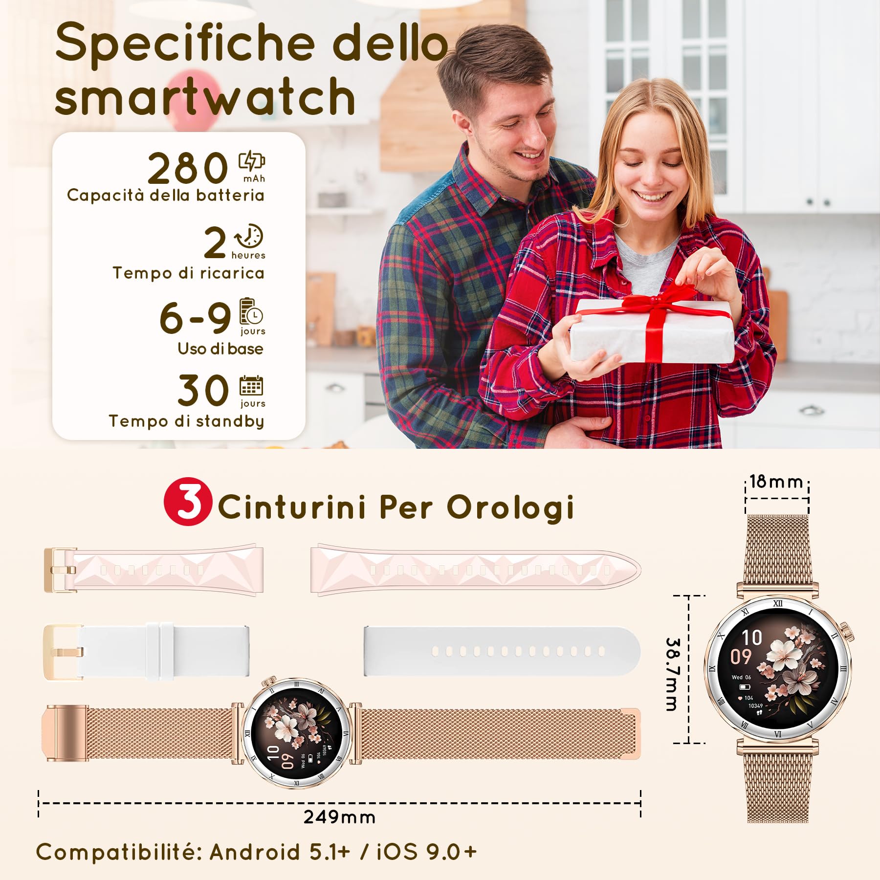 Smartwatch Donna 1,19" AMOLED Orologio con Chiamate Bluetooth, Smart Watch Rotondo con Monitoraggio Sonno/SpO2/FC,120+ Modalità Sportive, Pedometer, IP68 Android/iOS, 3 Cinturini (Oro rosa)