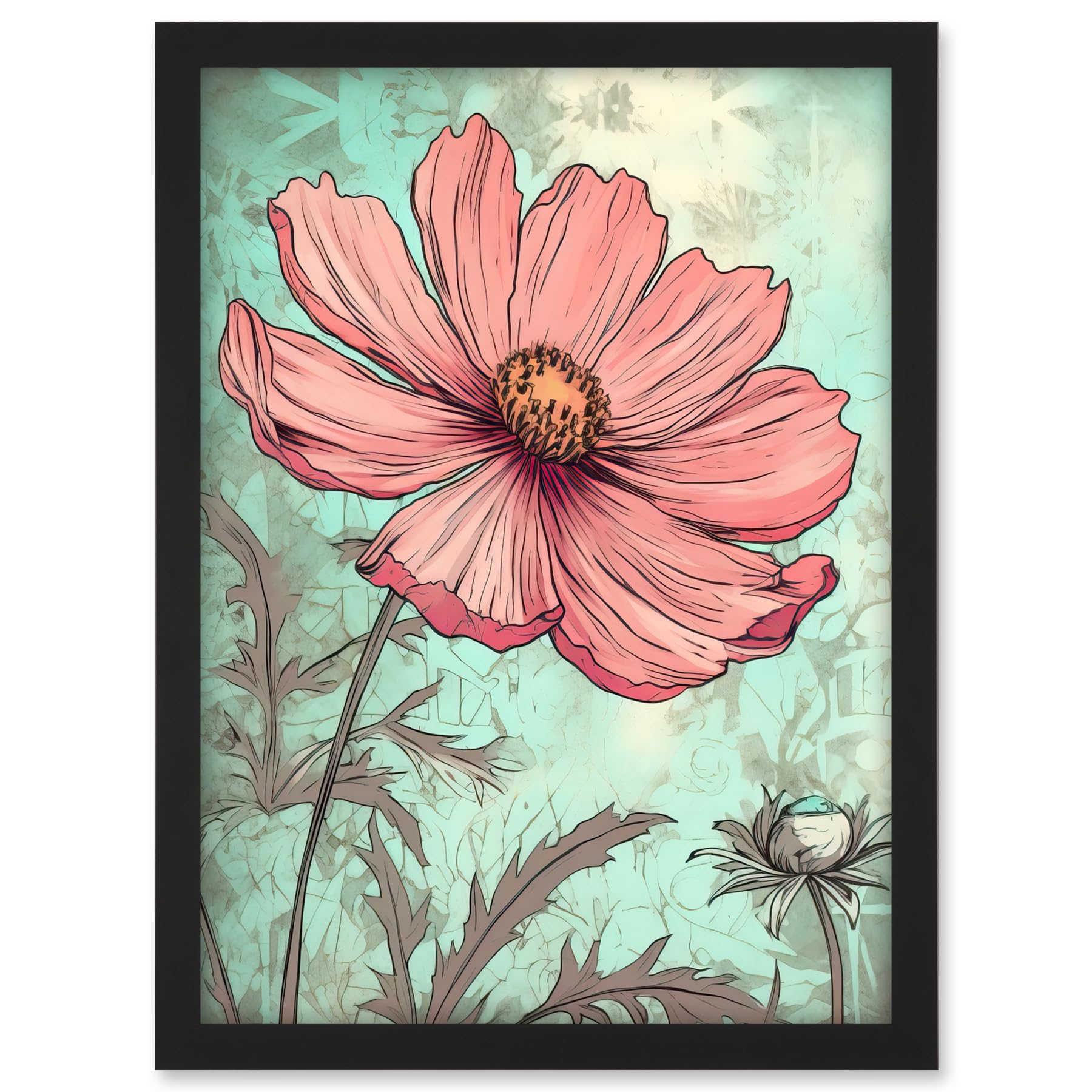 Artery8 Cosmos Flower Bloom Soft Pink and Teal Watercolour Artwork Framed A3 Wall Art Print