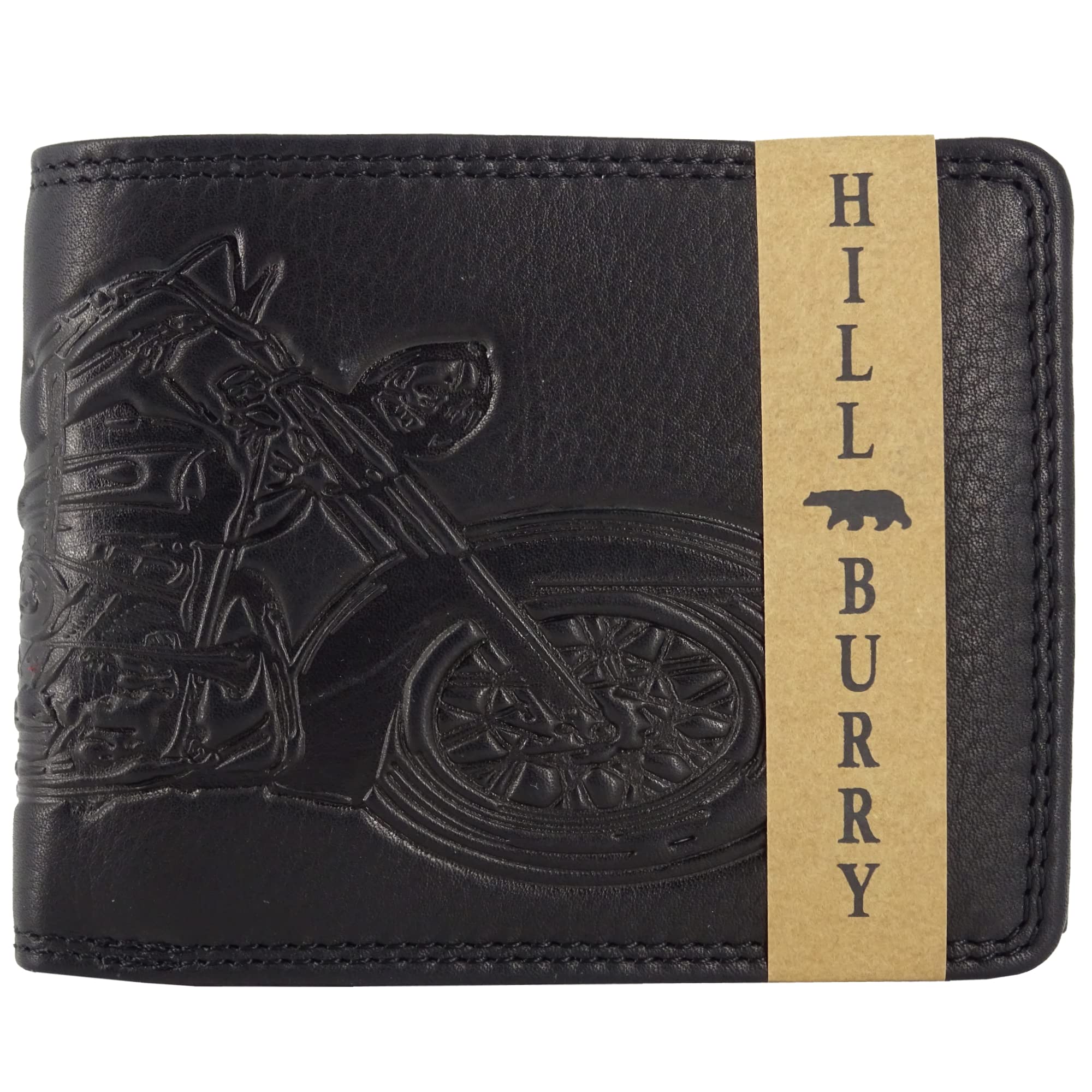 Cartera de piel para hombre y hombre, con protección RFID, con compartimento para monedas y relieve, monedero de piel auténtica (marrón vertical, moto, Harley Davidson), Negro , Querformat