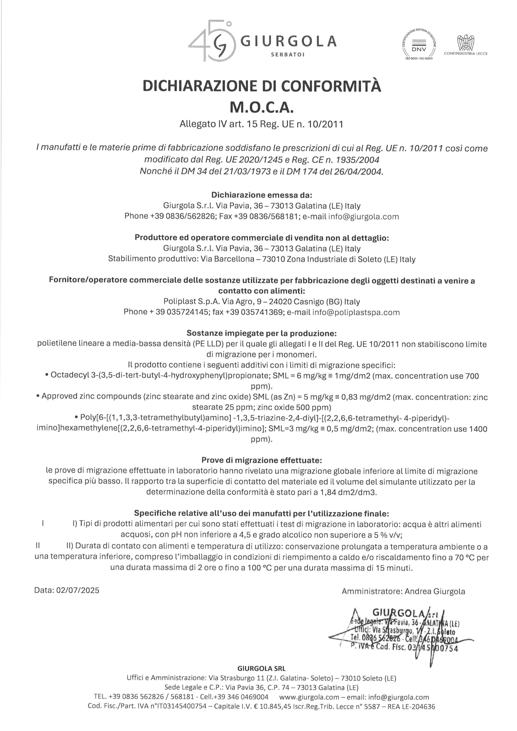 Serbatoio Polietilene per acqua Cilindrico Rettangolare Alto mod. 300 litri Made in Italy