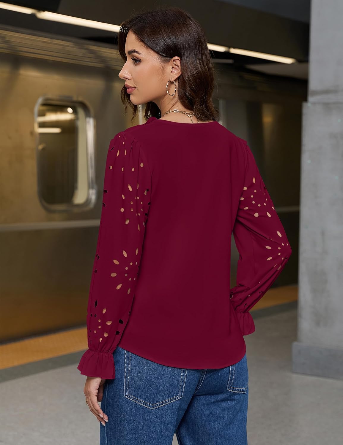 Blooming Jelly Womens Dressy Casual Blouses Business Work Tops Eyelet Long Sleeve Shirts Ruffle V Neck Fall Outfits - Image 5