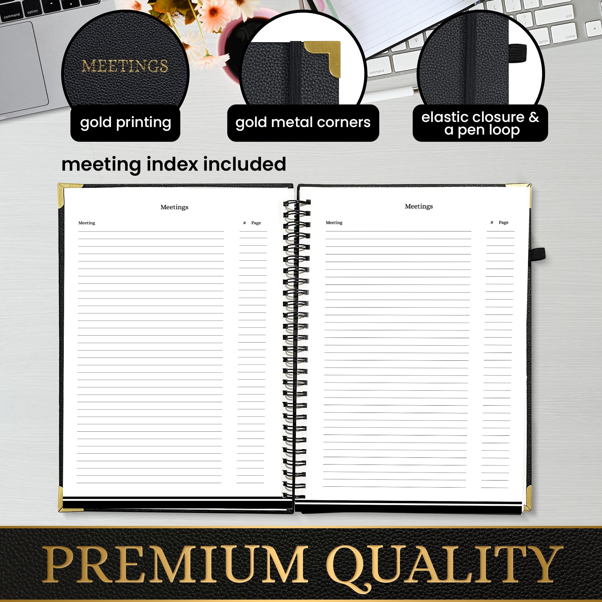 3 quaderni per riunioni da lavoro, viene fornito con una penna e un porta biglietti da visita, pelle PU, notebook per riunioni, angolo in metallo nero e oro, 17,8 x 25,4 cm, pianificatore aziendale