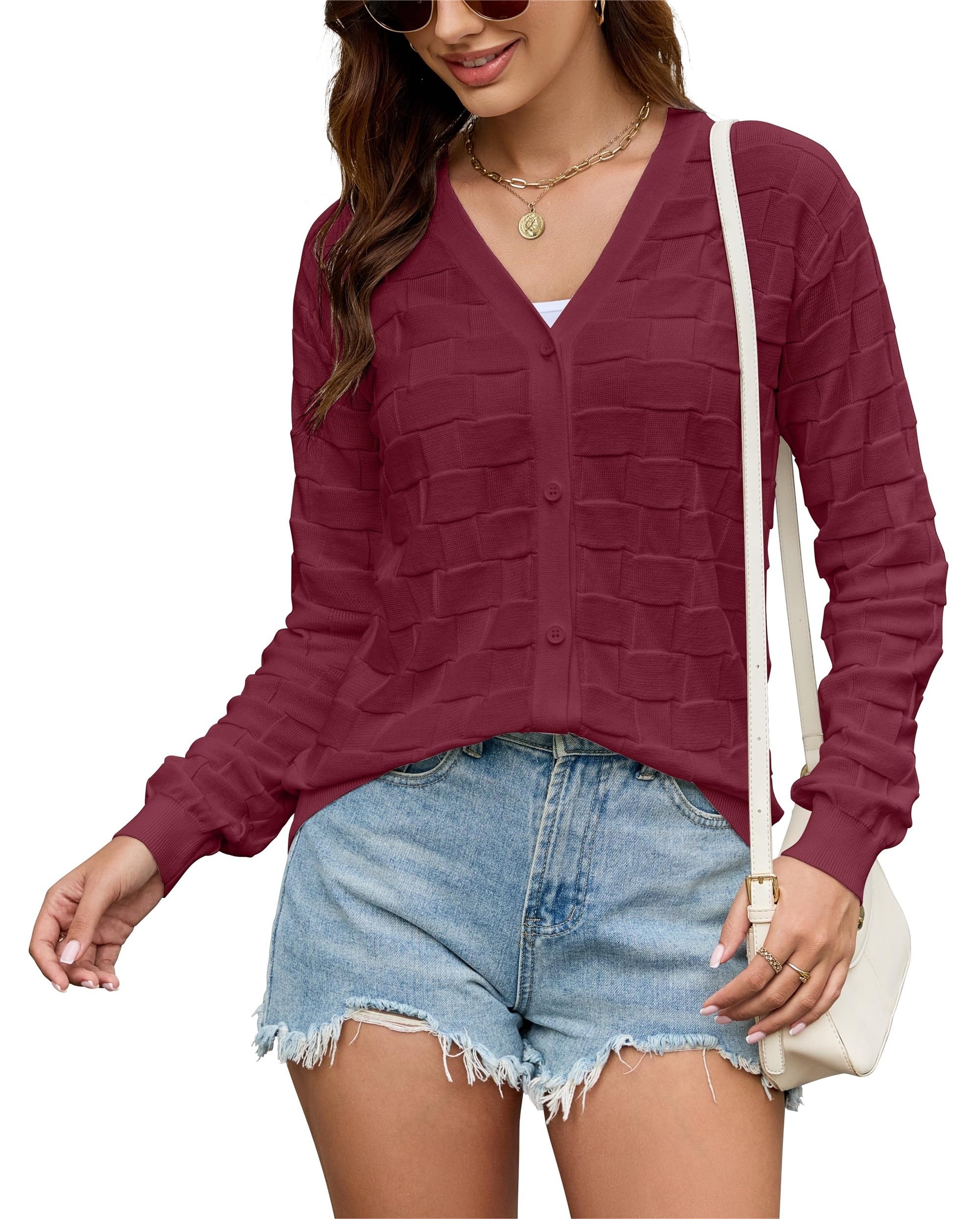 Toplop Strickjacke Damen Elegant Langarm Herbst Cardigan V-Ausschnitt Gestrick Strickcardigan Waffelmuster Trachtenjacke Strickmantel