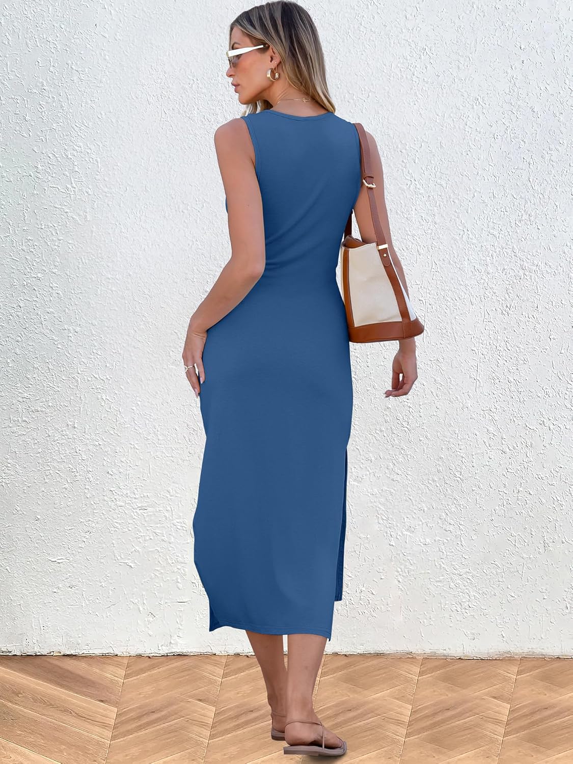 ANRABESS Womens Summer Casual Sleeveless T Shirt Midi Dress Slim Fit Tie Waist Split Tank Long Dresses 2026 Vacation Sundress - Image 6