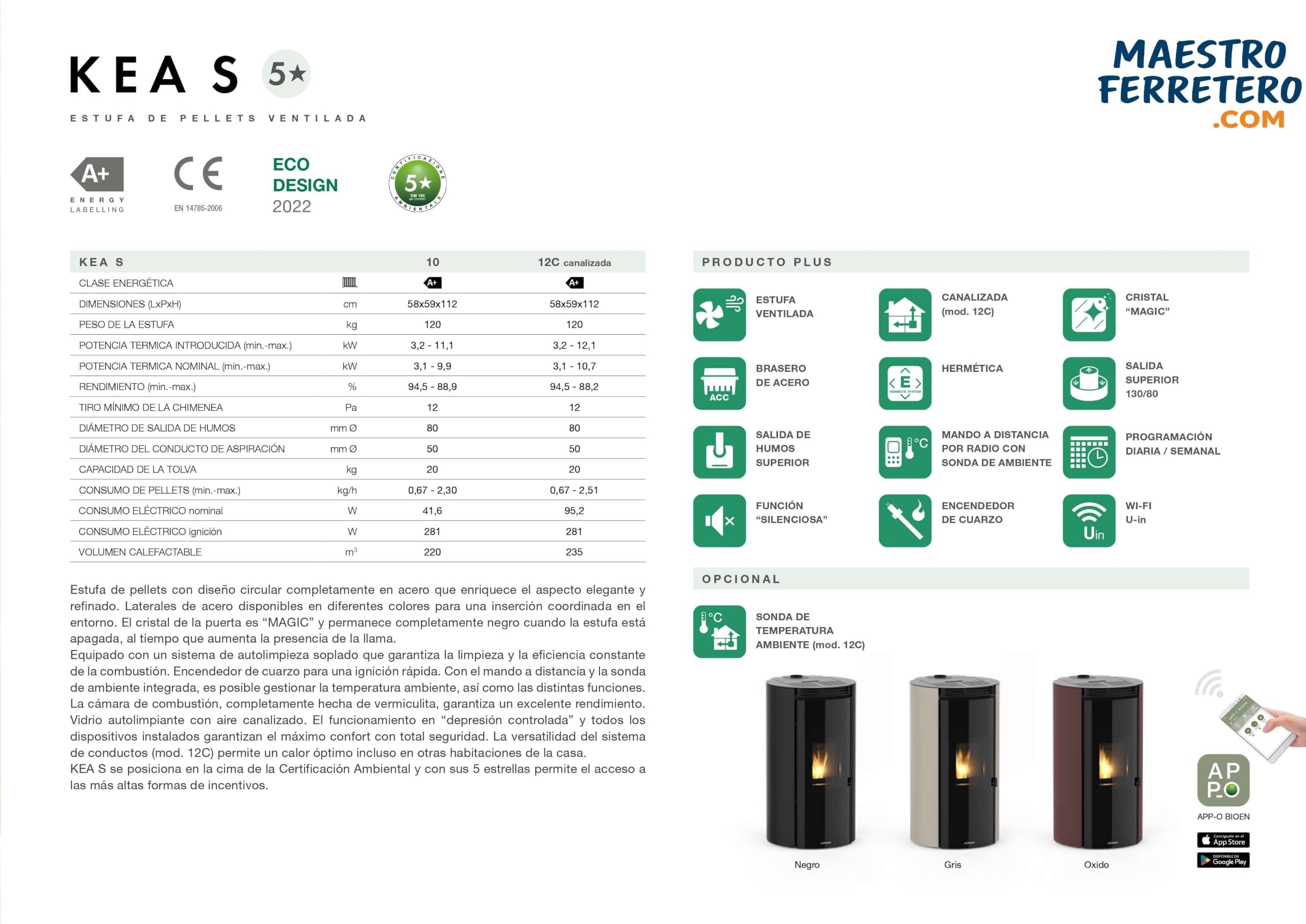 Estufa de Pellets Canalizable 12 kW KEA Negra hasta 96 m²