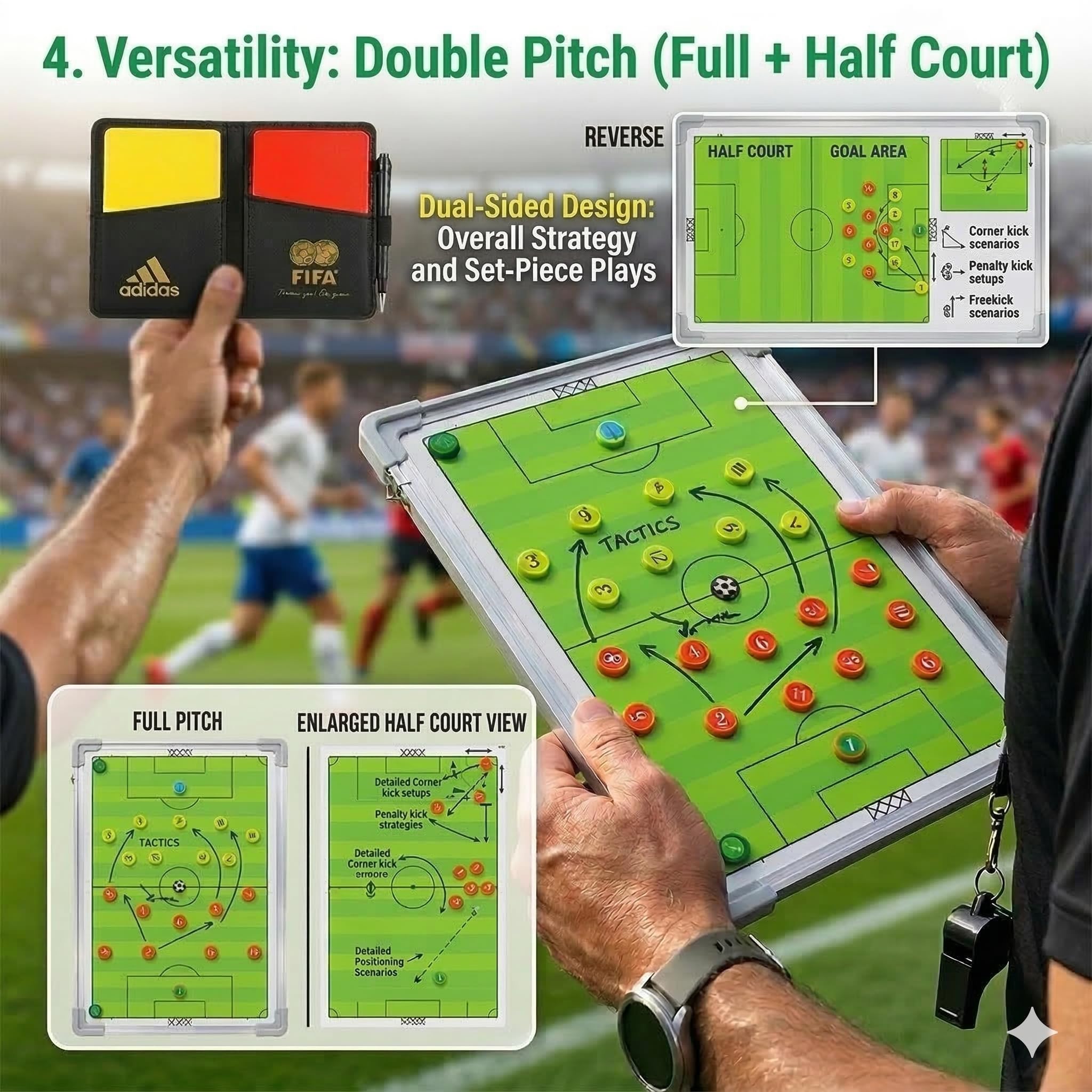 CREADY® Lavagna Allenatore di Calcio 44x31cm, Cartellina Tattica per Allenare, Regali per Allenatori, Lavagna Magnetica Calcio, Lavagna Calcio Allenatore con Schede Magnetiche e Accessori