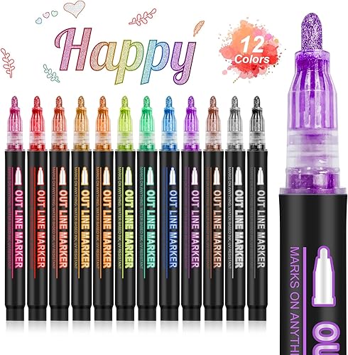Banral Marcadores de contorno de doble línea, 12 colores Super Squiggles Shimmer Outline Set de marcadores de contorno de contorno metálico con
