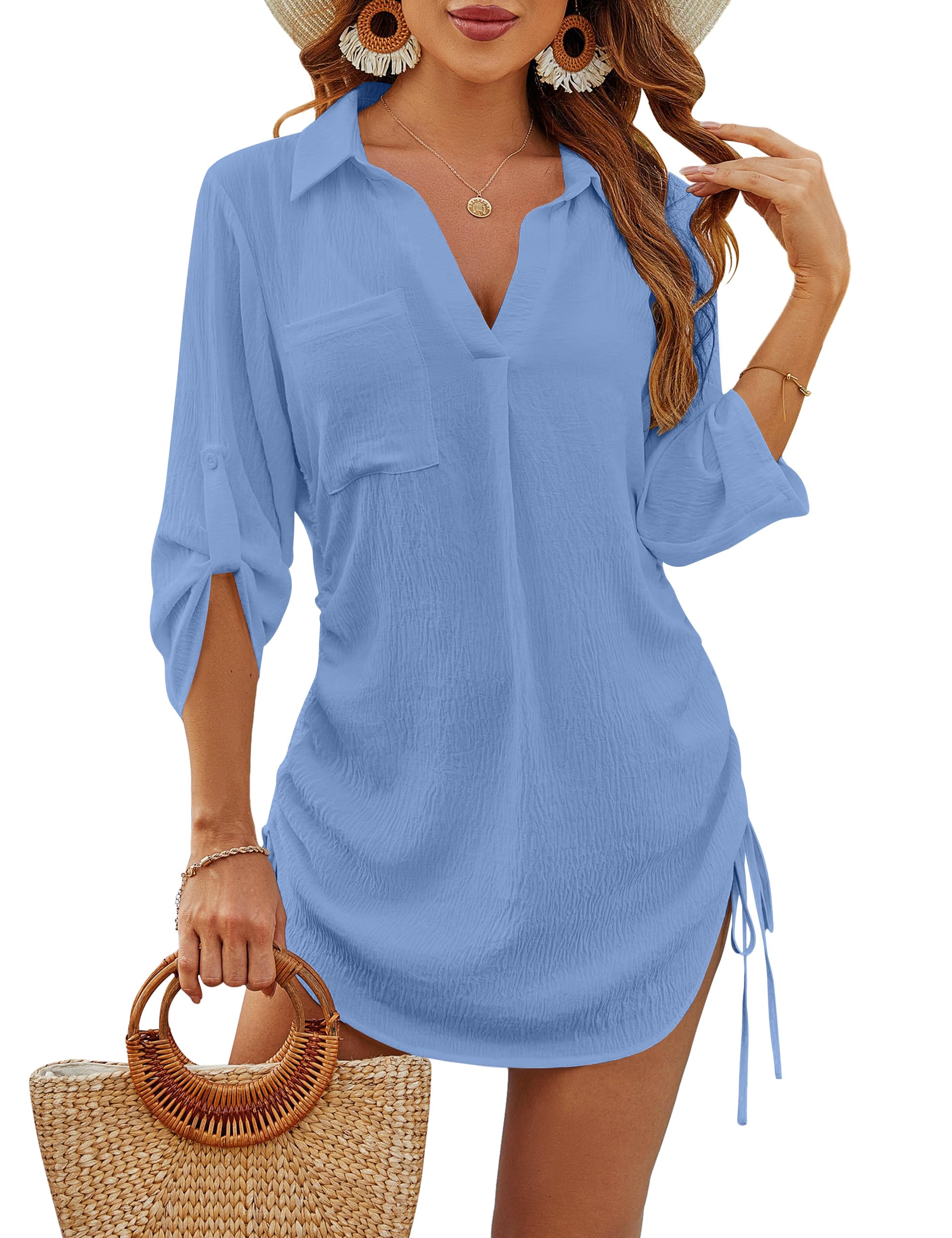 Blooming Jelly Womens Bathing Suit Cover Ups Bikini Swimsuit Coverup Drawstring Beach Dress Shirt