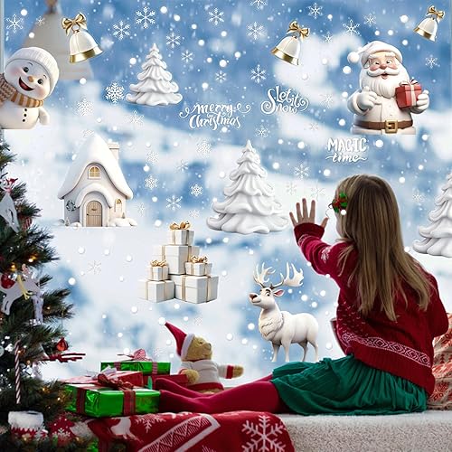 Miniatura 7 de CCINEE Adhesivos de ventana de Navidad, 8 hojas de calcomanías de doble cara para ventana, copos de nieve, alce, muñeco de nieve, casa, árbol de