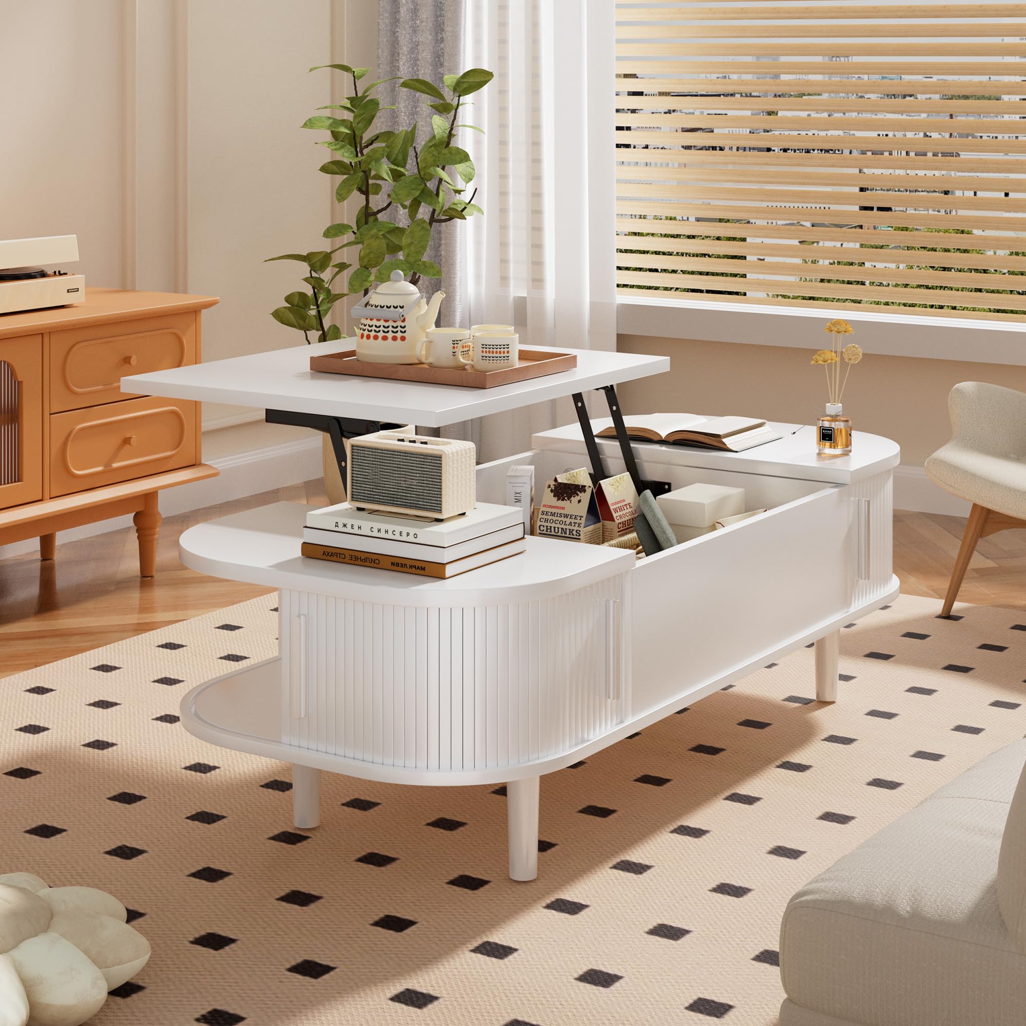Table Basse avec Plateau Relevable – Table de Salon Moderne en Bois avec Rangement Caché et Texture Unique, pour Salon, Chambre, Petits Espaces, Bureau