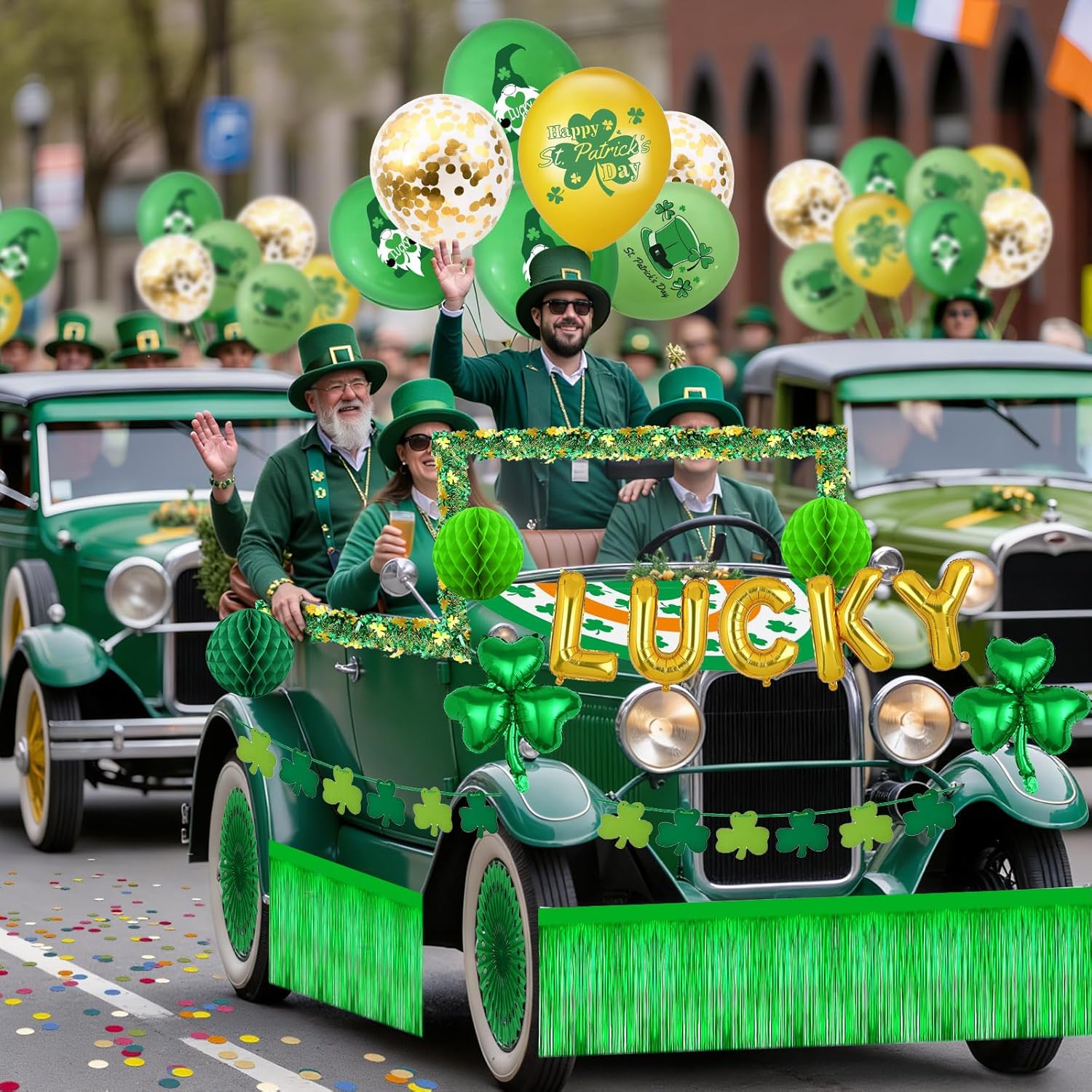 56pcs St. Patrick's Day Golf Cart Parade Decorations Kit, Saint Patrick's Car Decor Set-Irish Flag Tinsel Garlands Shamrock Balloons&Banners Crepe Paper Fans Stickers for Irish Festival Decor Supplies