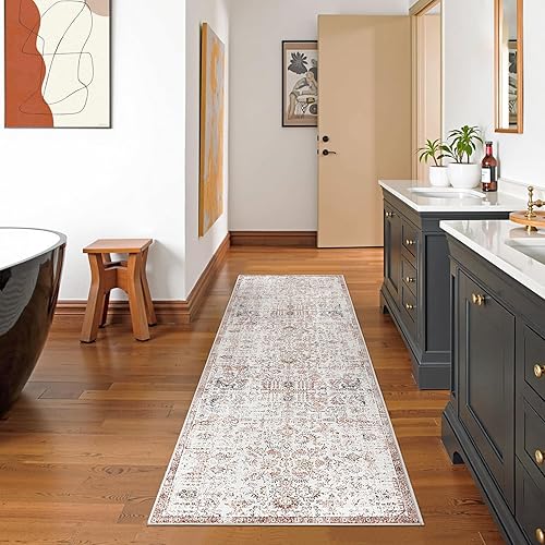 Miniatura 4 de jinchan Alfombra de pasillo de 2 x 7 pulgadas, lavable, vintage, para interiores, delgada, retro, envejecida, floral, campestre, ligera,