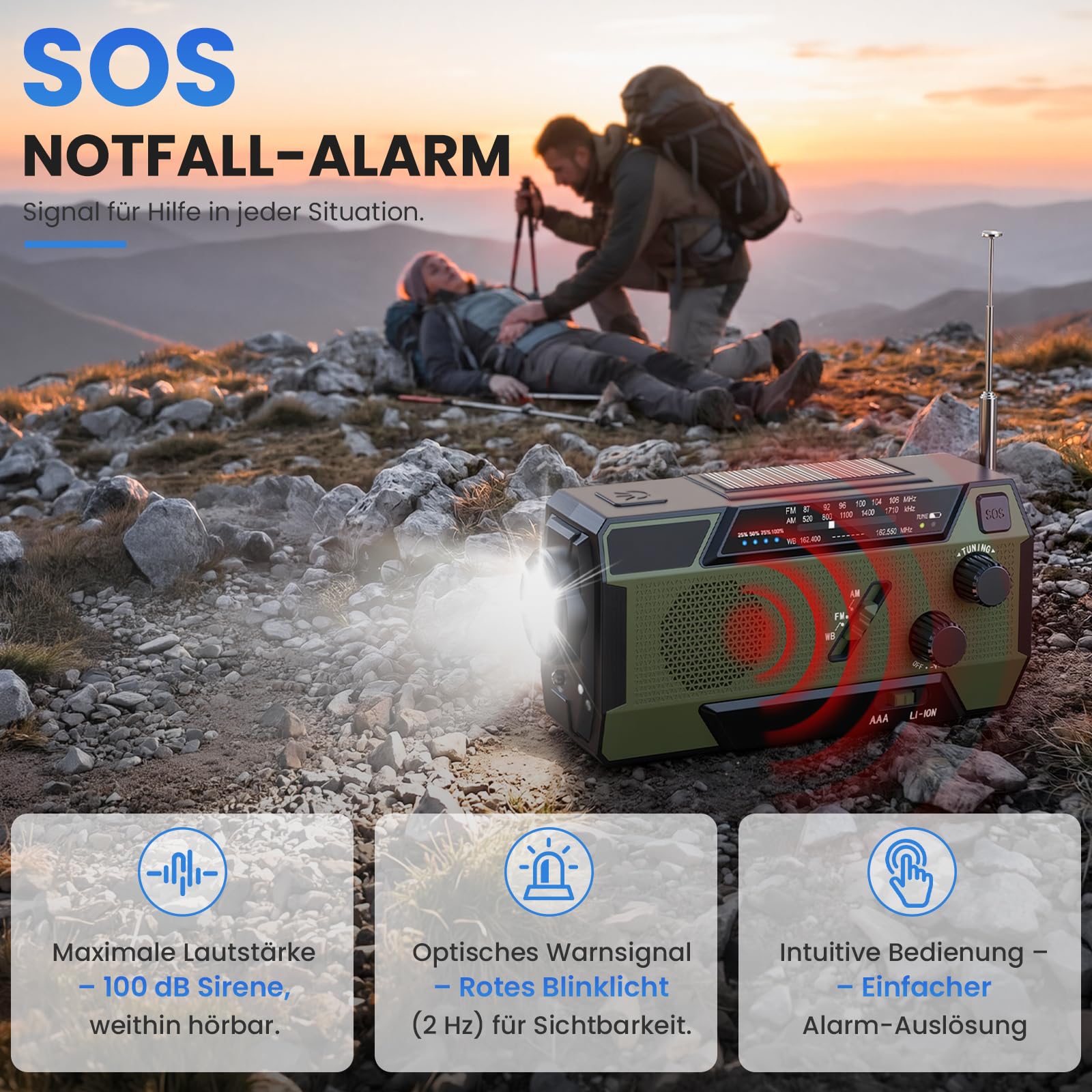 Kurbelradio Notfallradio 4000mAh (14800 mWh) Akku, Powerbank mit 3 integrierten Kabeln, Radio mit Kurbel und Solar, AM/FM SOS Alarm Taschenlampe Notfall Kurbel Radio für Camping Outdoor Stromausfall