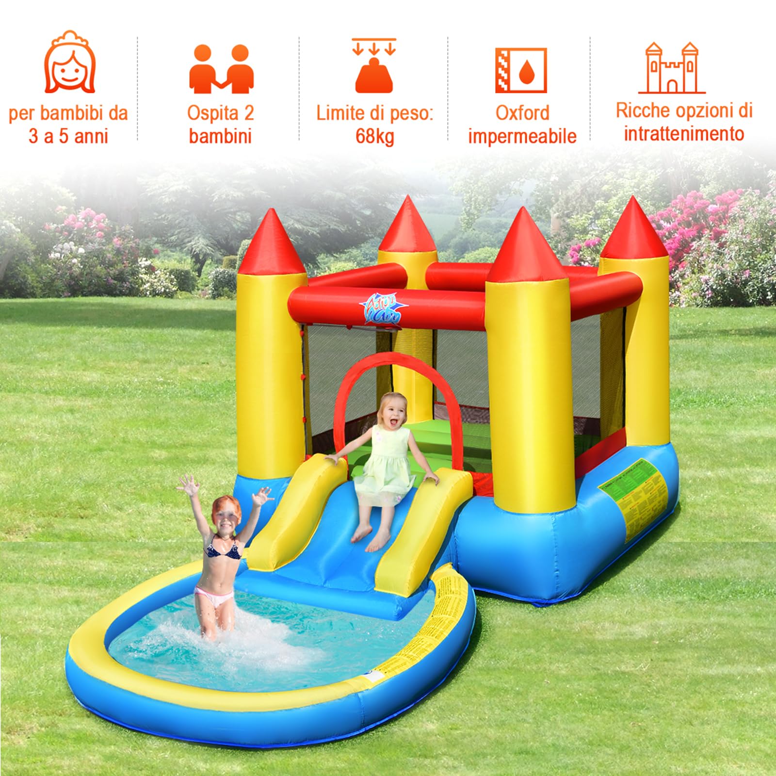 COSTWAY Castello gonfiabile per bambini, Con Scivolo ad Acqua, Trampolino e Piscina, per 2 Bambini di 3-5 Anni, Con Borsa di Trasporto e Kit di Riparazione, 365 x 200 x 190 cm (Senza soffiatore)