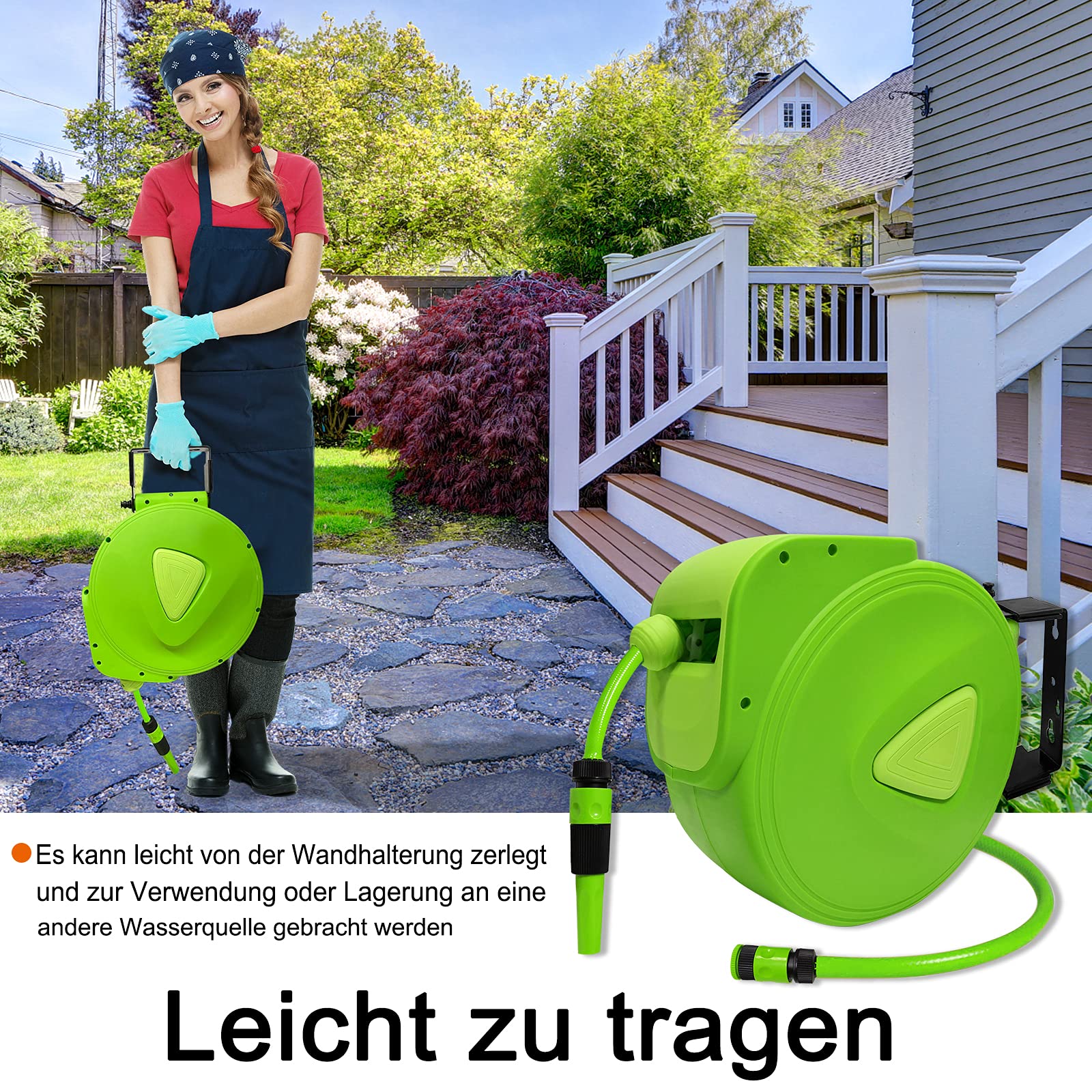 NAIZY Enrollador De Manguera De Agua De 20 M 3/4" Con Conexión Automática Giratoria De 180° Con Bola De Tope Y Acoplamiento Rápido, Verde