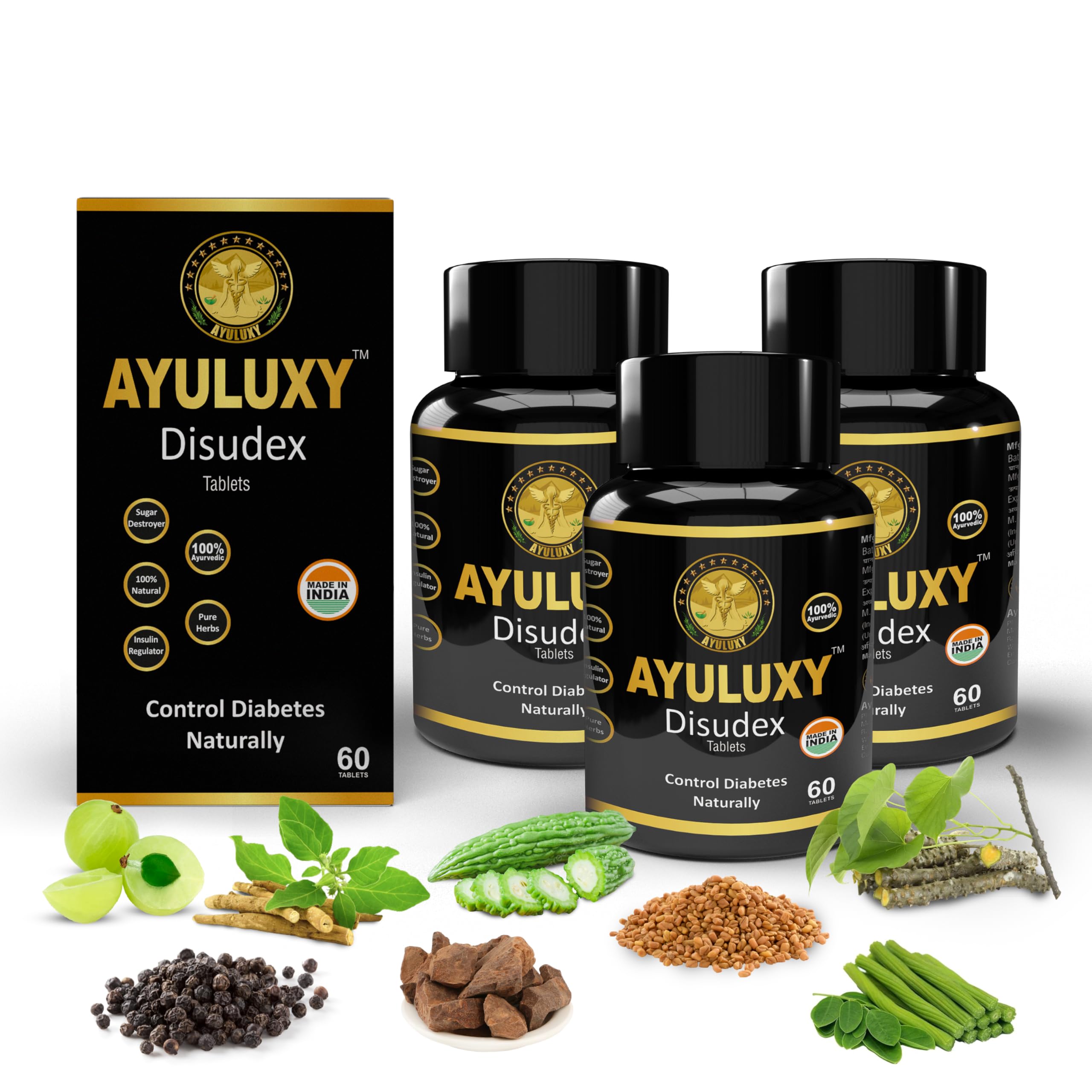 Ayuluxy™ Disudex Tablets - Lab Certified Healthy Blood Sugar & HbA1c Ayurvedic Medicine | Tested Result | Helps Maintain Diabetes | Unique Combination of 24 Herbs | (180 Tablets Pack of 3)-image-33