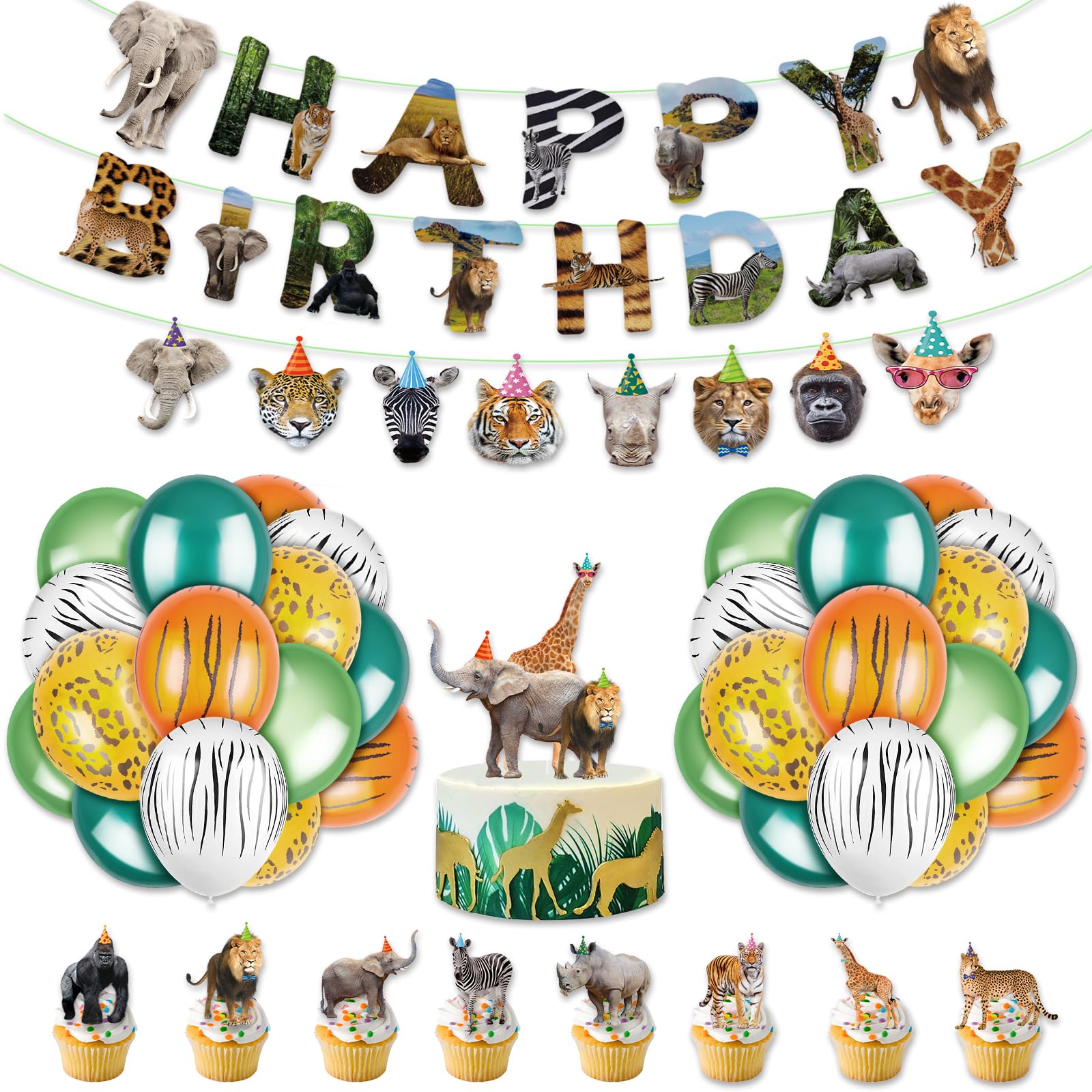 56Pieces Safari Animals Birthday Party Decorations Include Animals Birthday Banner Jungle Balloons Cupcake Toppers for Boys Girls Wild Jungle Theme