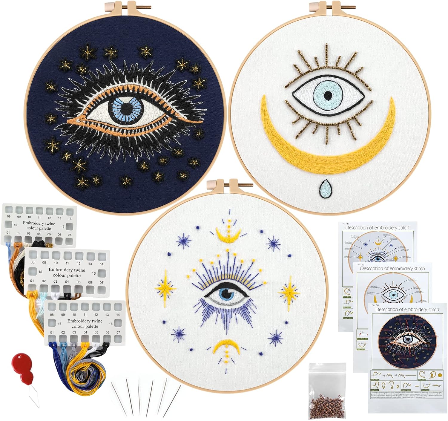 Anidaroel 3 Sets Evil Eye Embroidery Starters Kit for Beginners, Stamped Cross Stitch Kits for Beginners Adults Include Embroidery Cloth, Embroidery Hoops, Threads and Needles