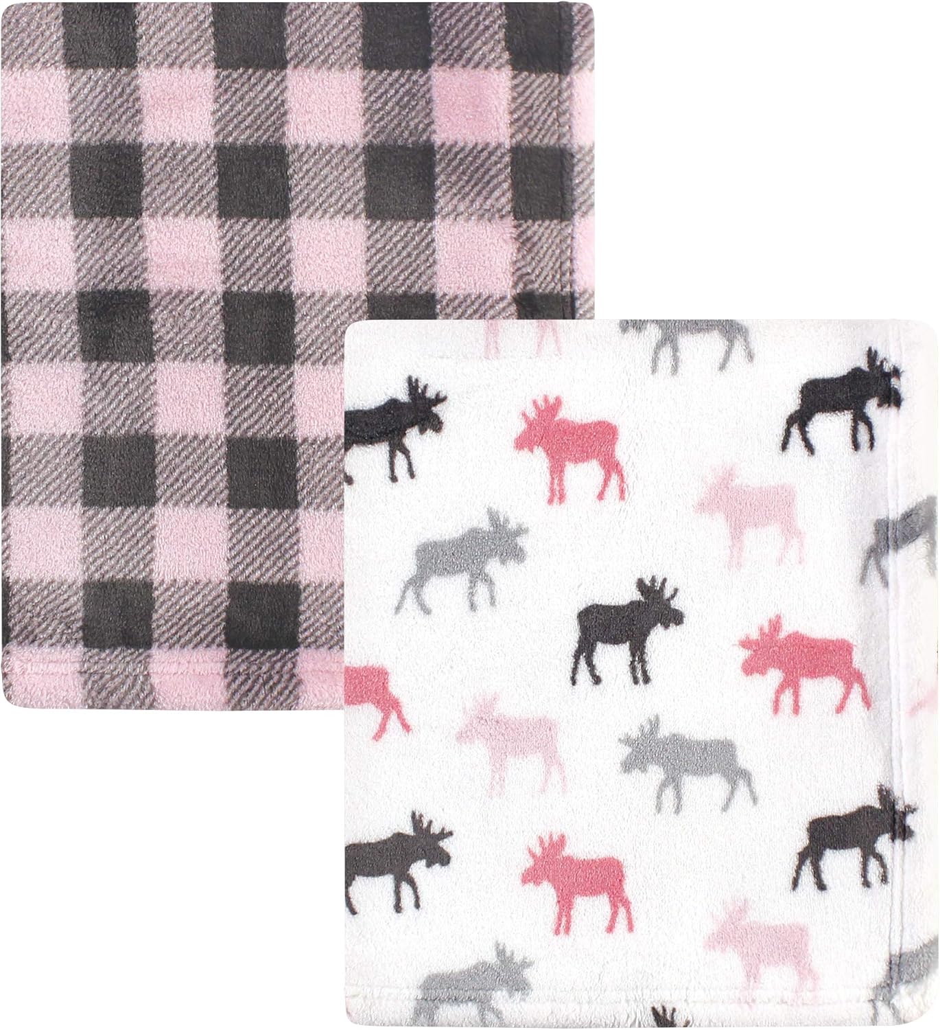 Hudson Baby Unisex Baby Cozy Plush Luxury Blankets 2pk, Pink Moose, One Size