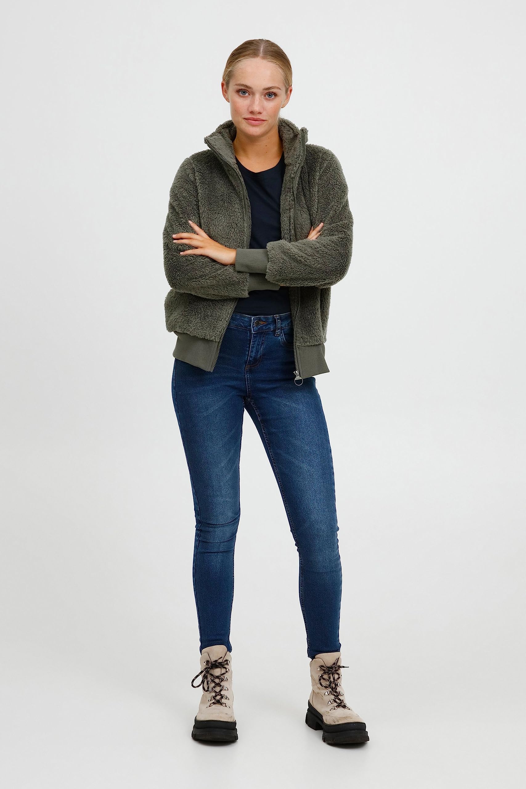 OXMO OXAnneka Damen Sweatjacke Jacke mit Teddyfutter Stehkragen Reißverschluss Eingrifftaschen Regular fit