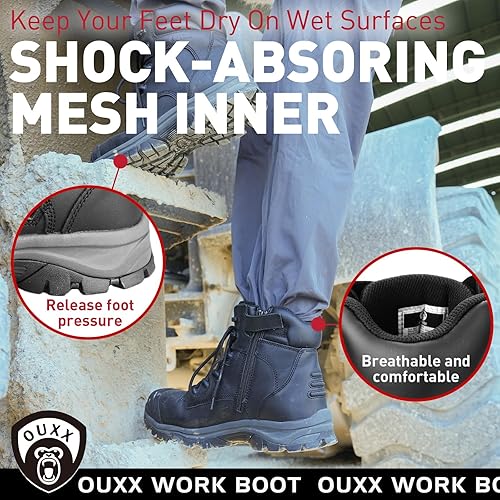 Miniatura 7 de OUXX Botas de trabajo para hombres, impermeables, punta de acero YKK con cremallera antideslizante de cuero, a prueba de pinchazos, transpirables,