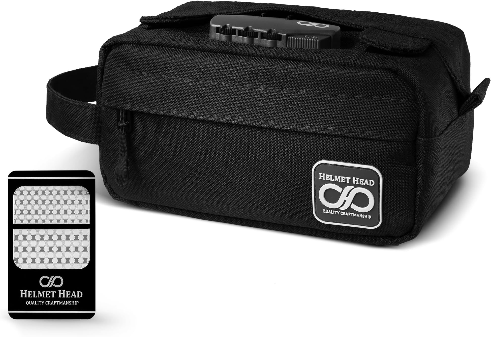 HELMET HEAD Smell Proof Bag, Water Repellent Stash Box, Compact Travel Bag with Combination Lock and Grinder Card For Your Mason Jars, Mylar Bags and Herbs (Black)