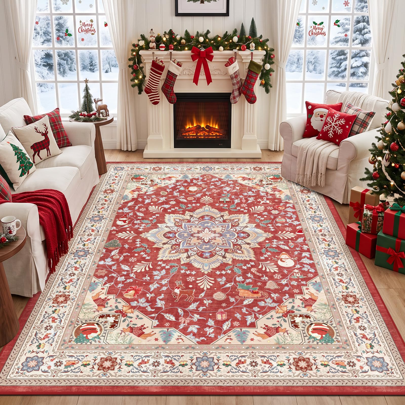 TUKDAK Vintage Red Christmas Rugs for Living Room 160x230cm Washable Boho — image 1
