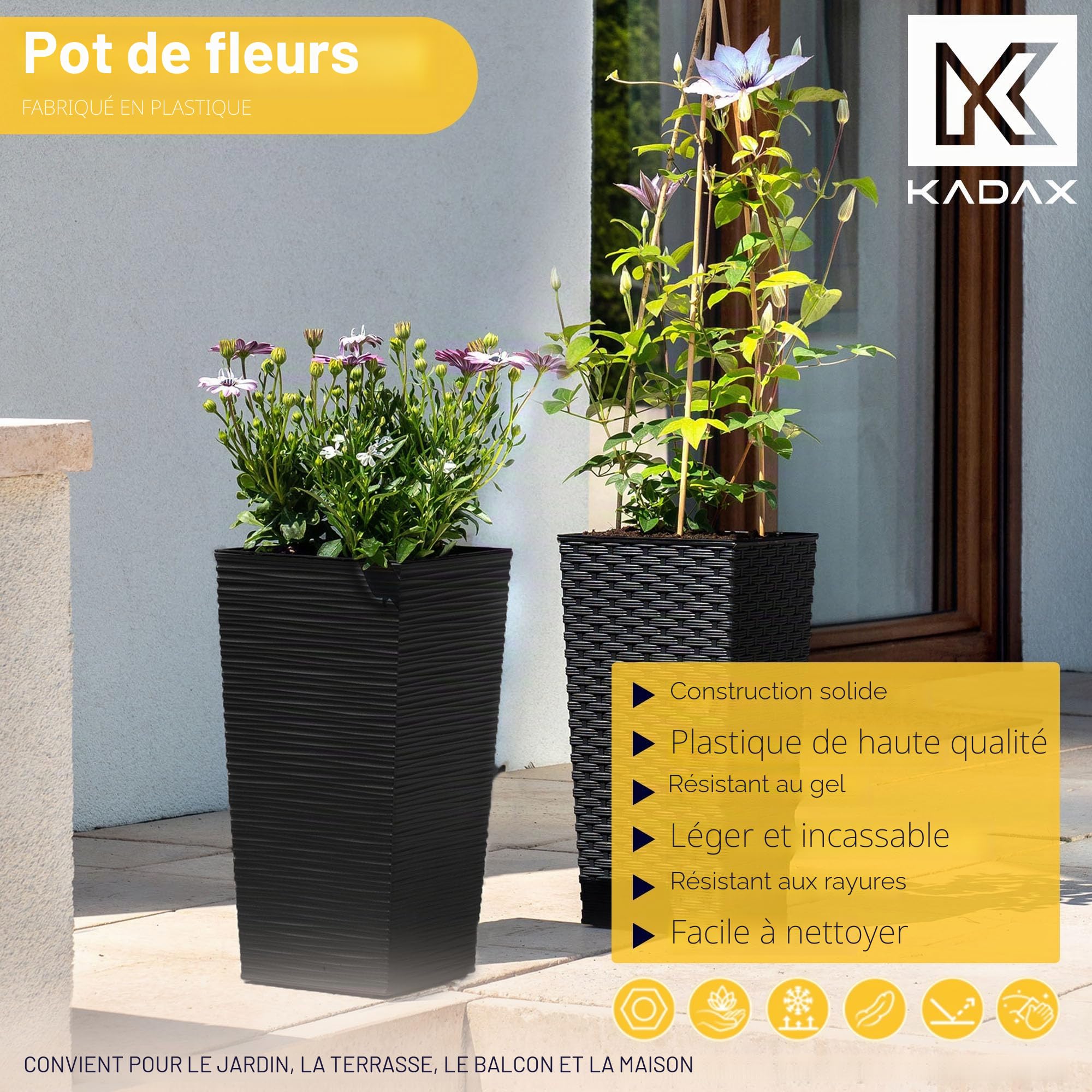 KADAX Lot de 3 Set de 3 Pots de Fleurs Hauts – H 46,5/57,5/68 cm – Noir – intérieur/extérieur – pour Balcon, Jardin ou Salon