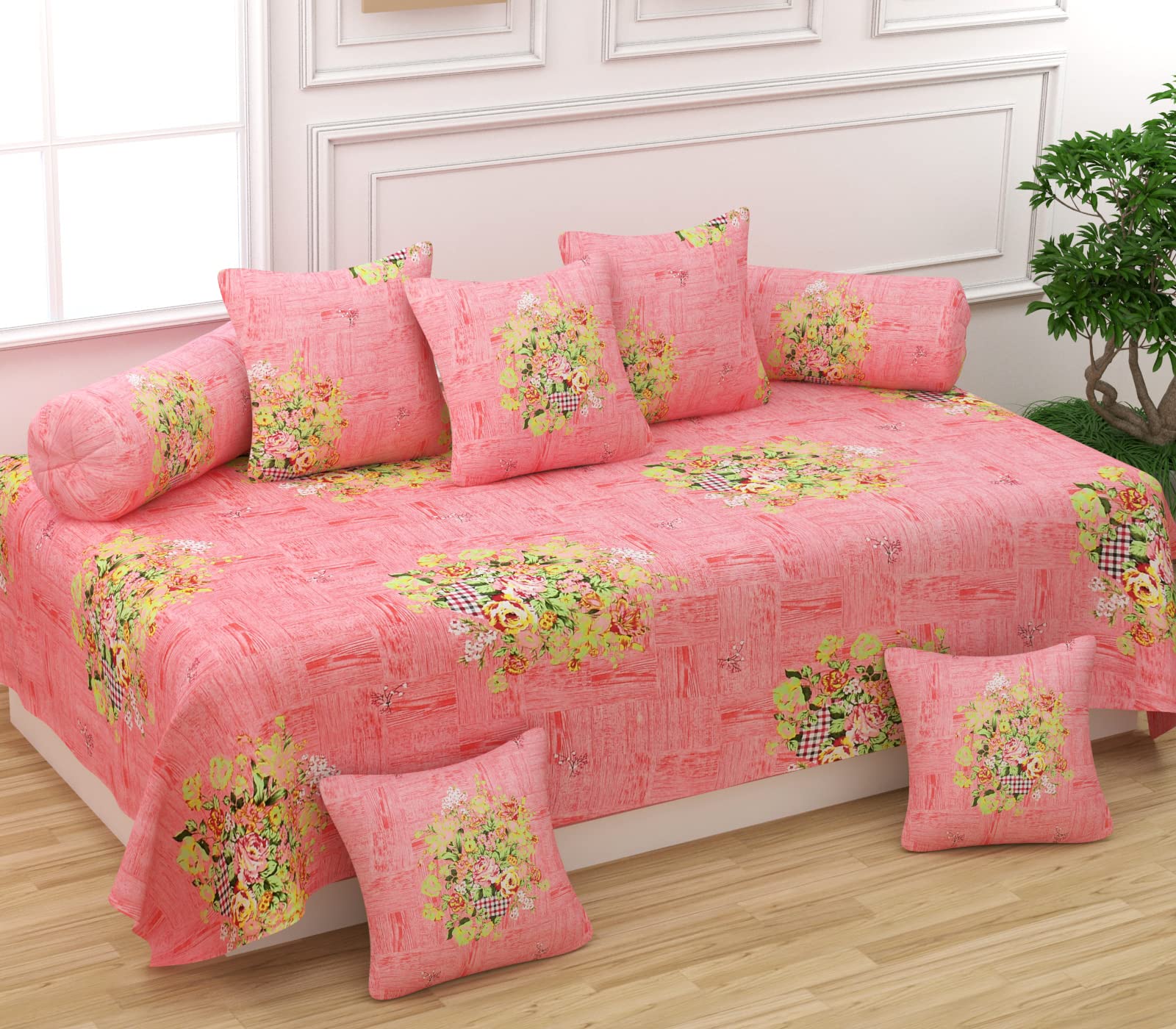 Gurnoor Soft Glace Cotton Bouquet Diwan Set, 1 Single Bedsheet, 2 Bolster Covers, 5 Cushion Covers (Pink, Standard)-image-8