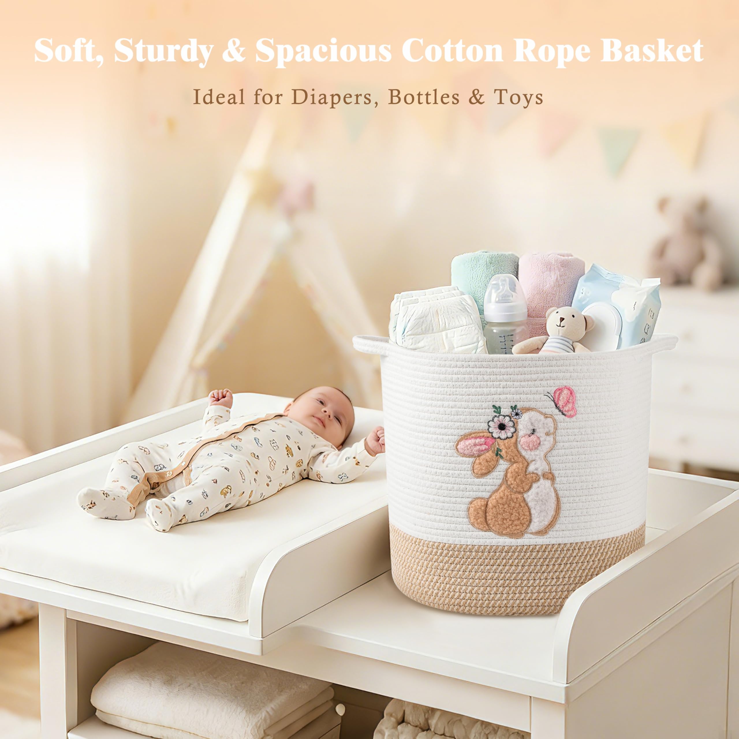 Cesto in corda di cotone per bambini, cesto regalo, vuoto, per baby shower, con manici, graziosi, coperte, animali ripieni, per asilo (coniglietto, grande)