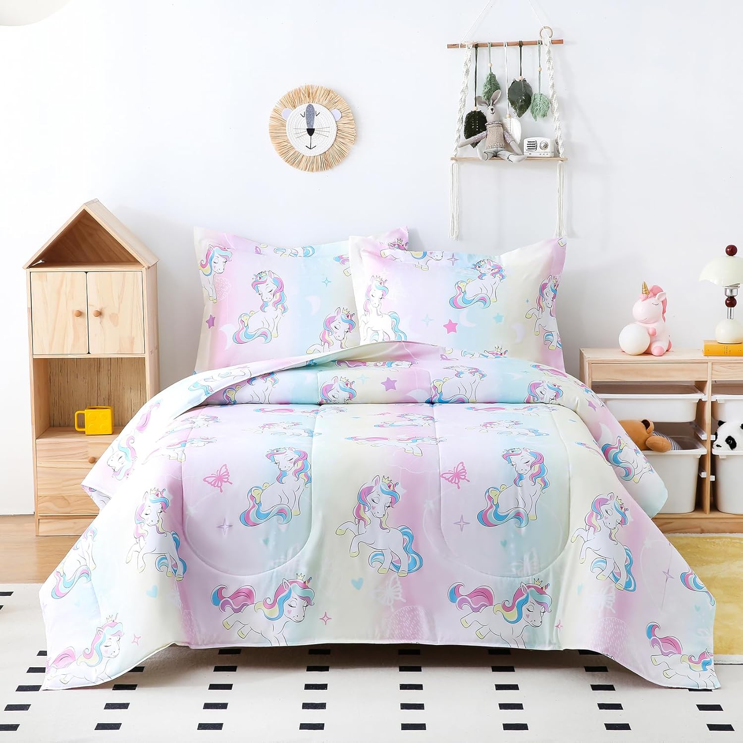 Yibeizi Twin Bed Comforter Set, Kids Lightweight All-Season Comforter Set Cute Rainbow Unicorn Pattern Microfiber Breathable Hypoallergenic Soft Oeko-Tex Bedding Comforter Sets