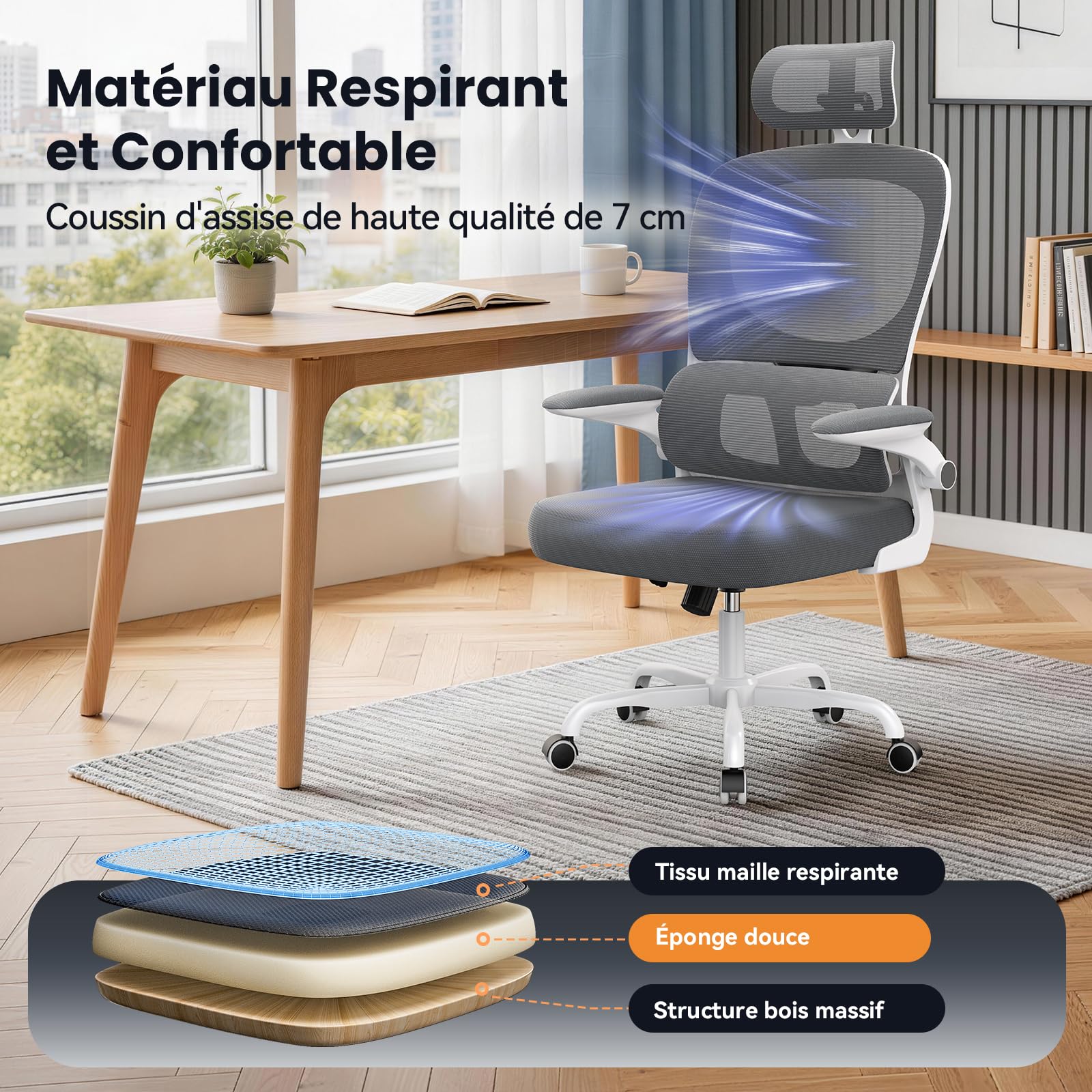 naspaluro Chaise de Bureau Ergonomique: Fauteuil Bureau avec Support Lombaire en C,Dossier et Appui-tête Réglables,Reversible Armrest,Siege en Maille Respirante Convient à la Maison Bureau,Gris Foncé