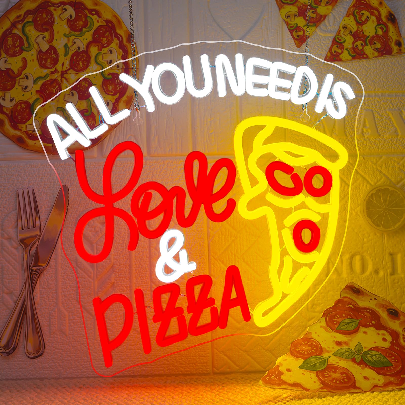 All You Need Is Love & Pizza Insegna Led Pizza Lampada Neon USB Dimmerabile Insegna al Neon Decorazione Letter Insegne Luminosee per Pizzeria Negozio, Regalo, Camera da Letto, Ristorante, Cucina