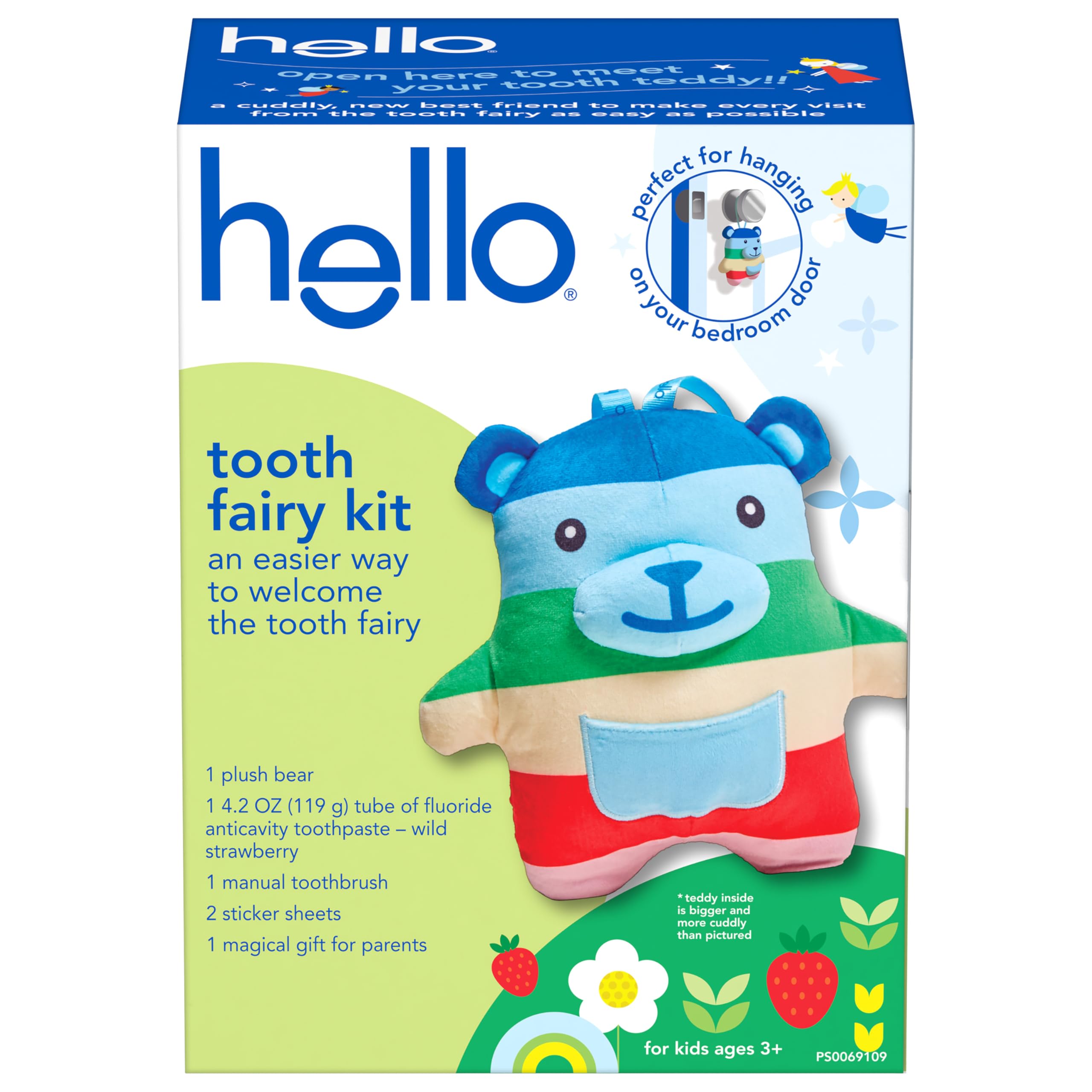 helloTooth Fairy Kit with Tooth Fairy Door Hanger and Tooth Teddy Bear, Includes Full Size Fluoride Kids Strawberry Toothpaste and Kids Toothbrush, for Children Ages 3 and Up