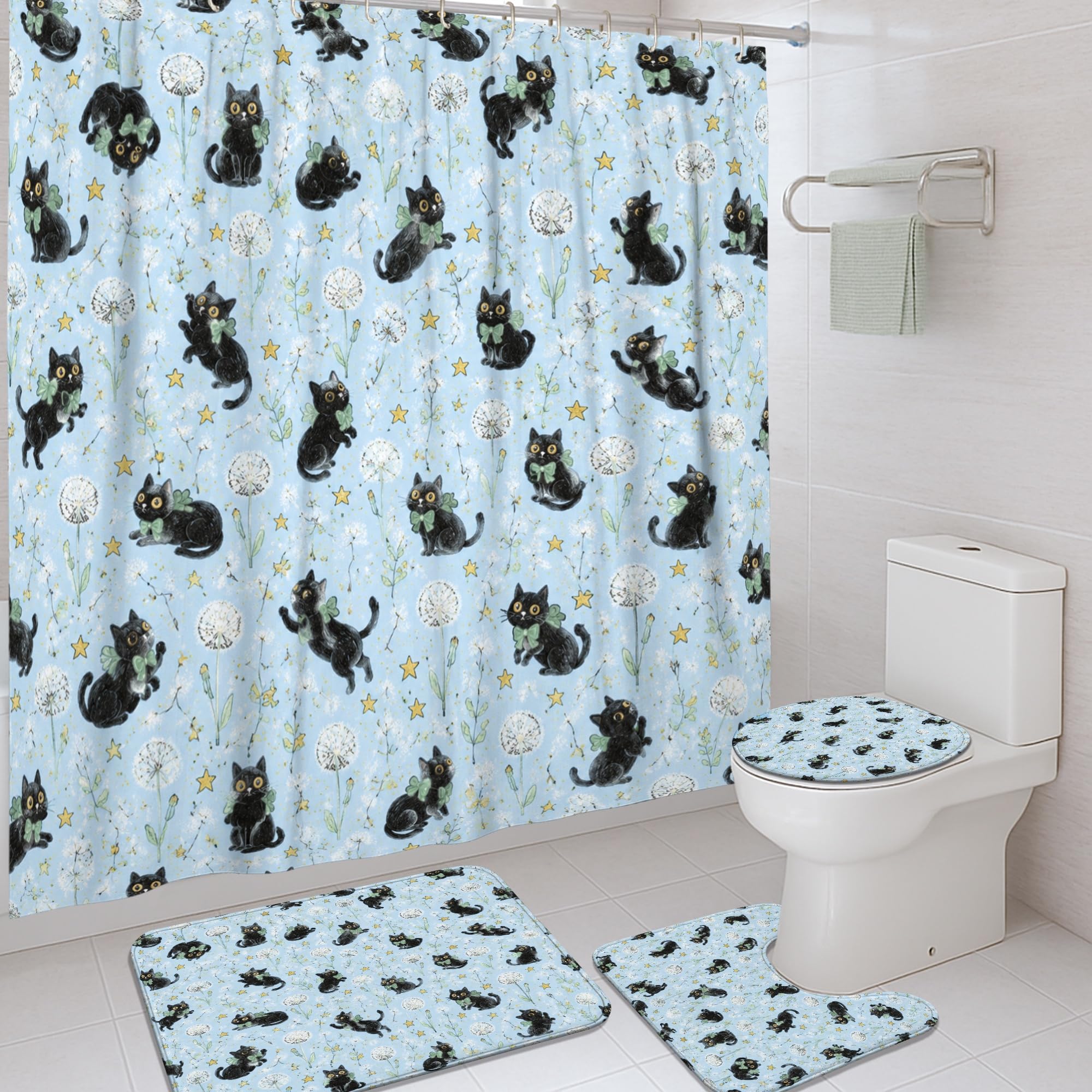 Rideau de douche anti éclaboussures chat bleu et tapis lavable